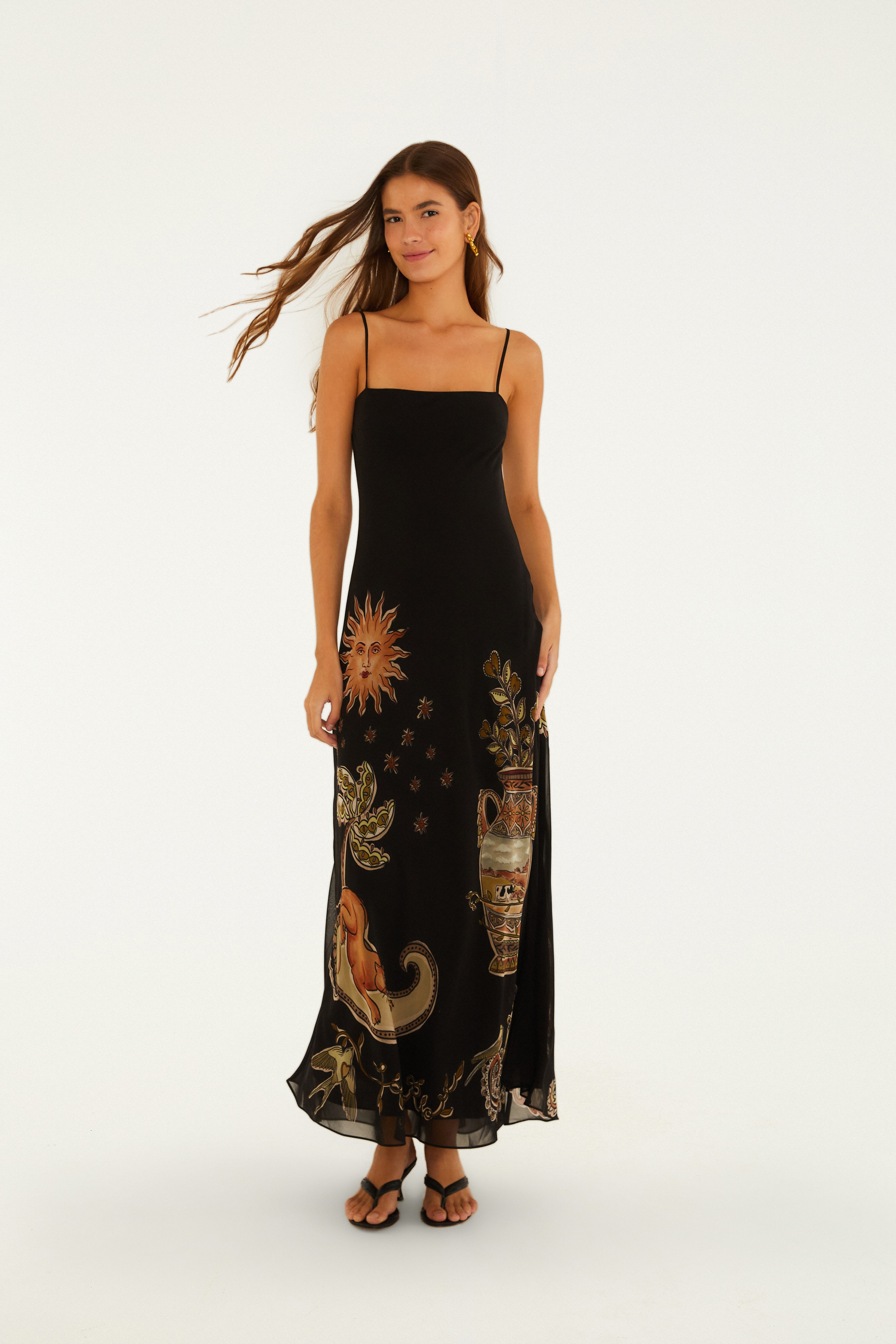 Vestido Alça Estampado Reino Místico Preto