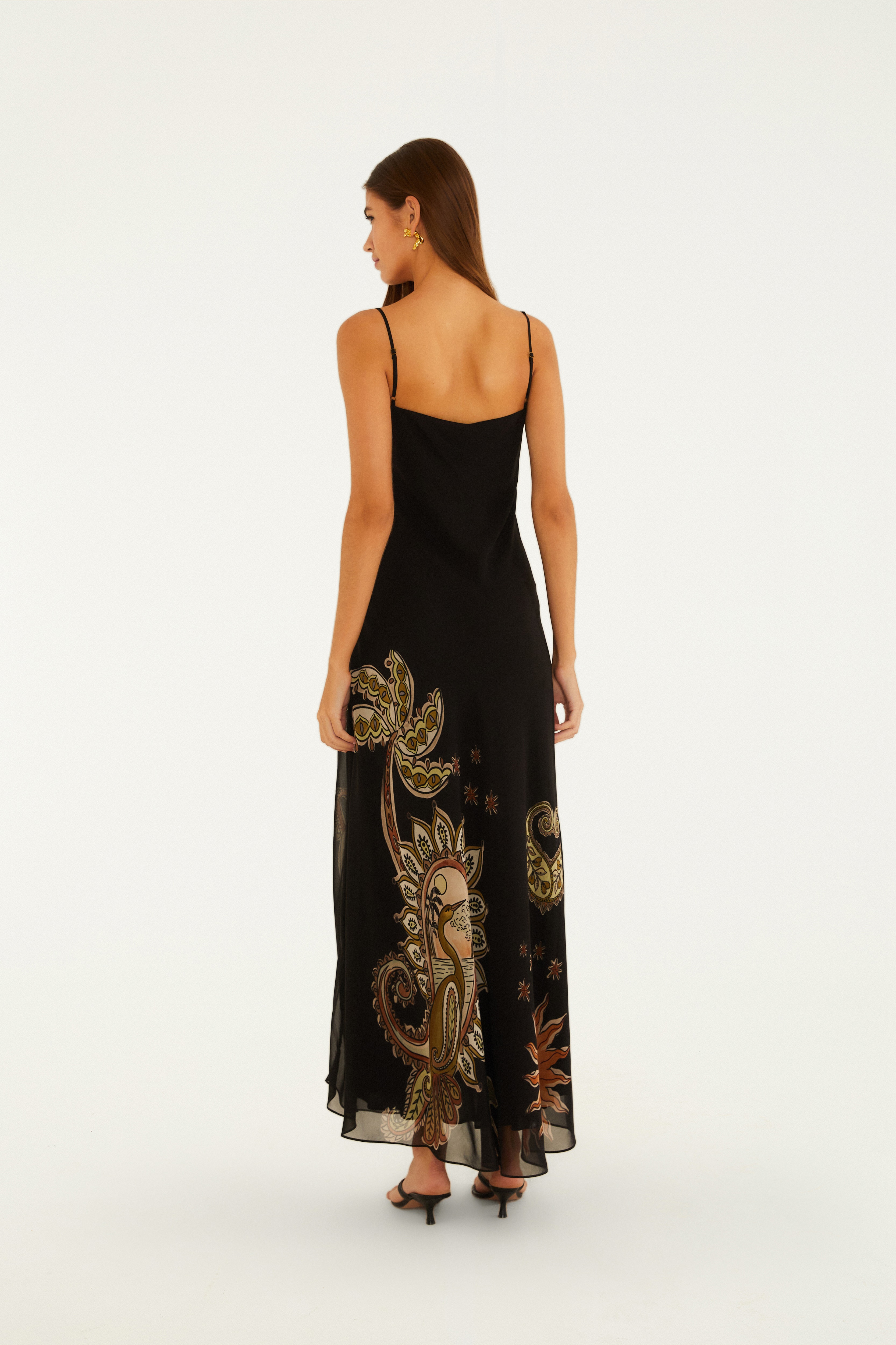 Vestido Alça Estampado Reino Místico Preto