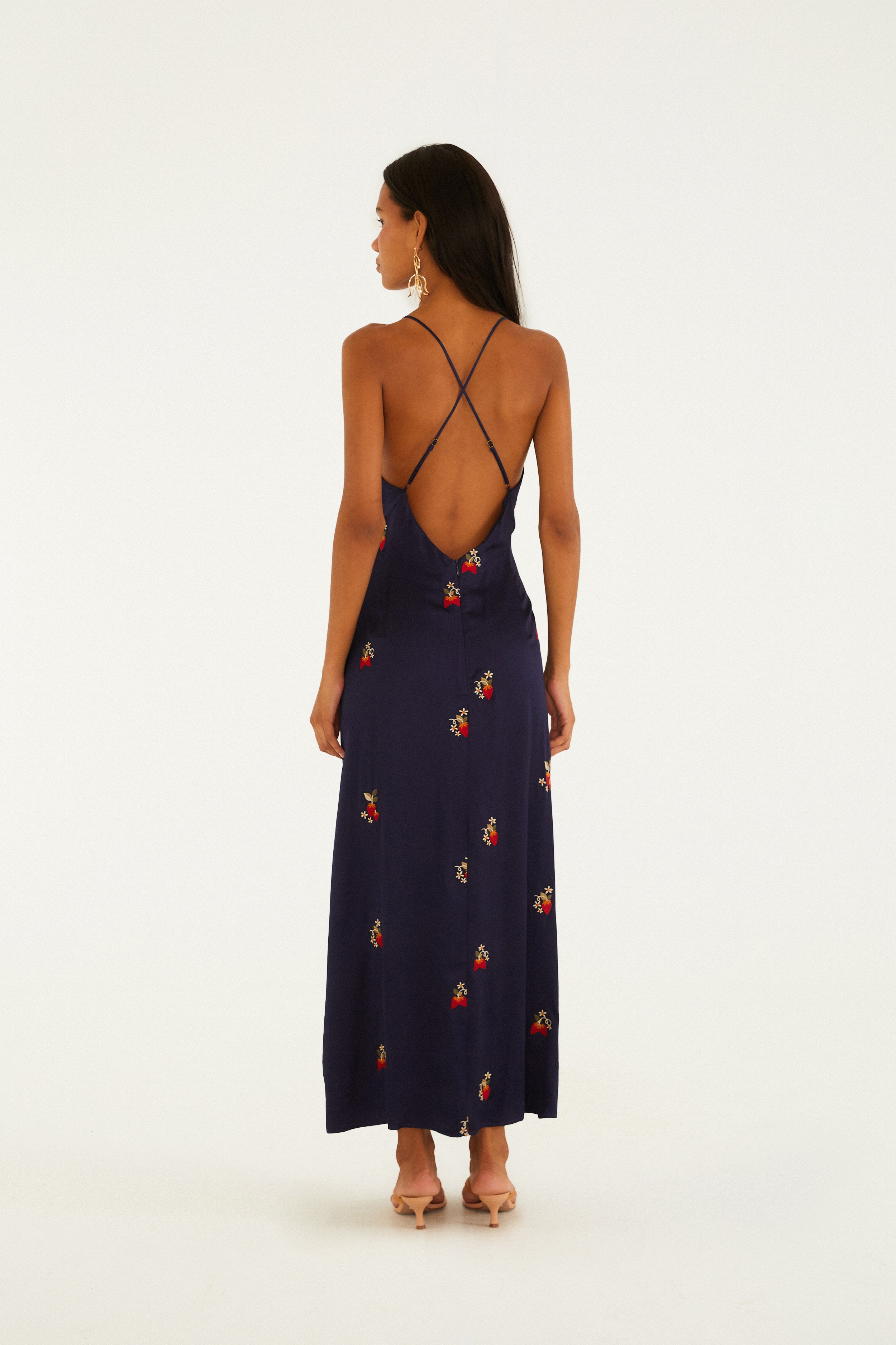 Vestido Cetim Bordado Morango