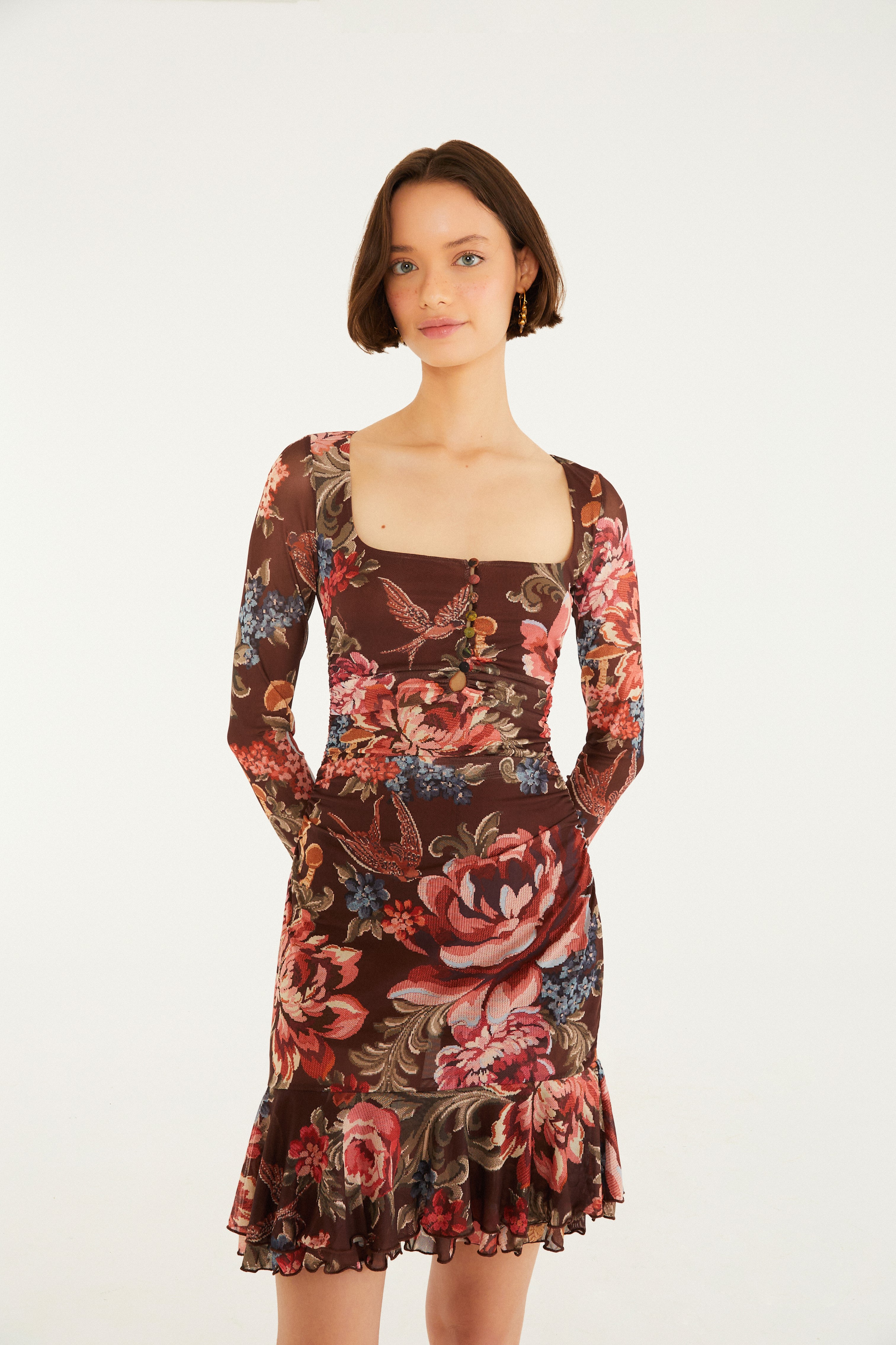 Vestido Tule Estampado Floral Clássico