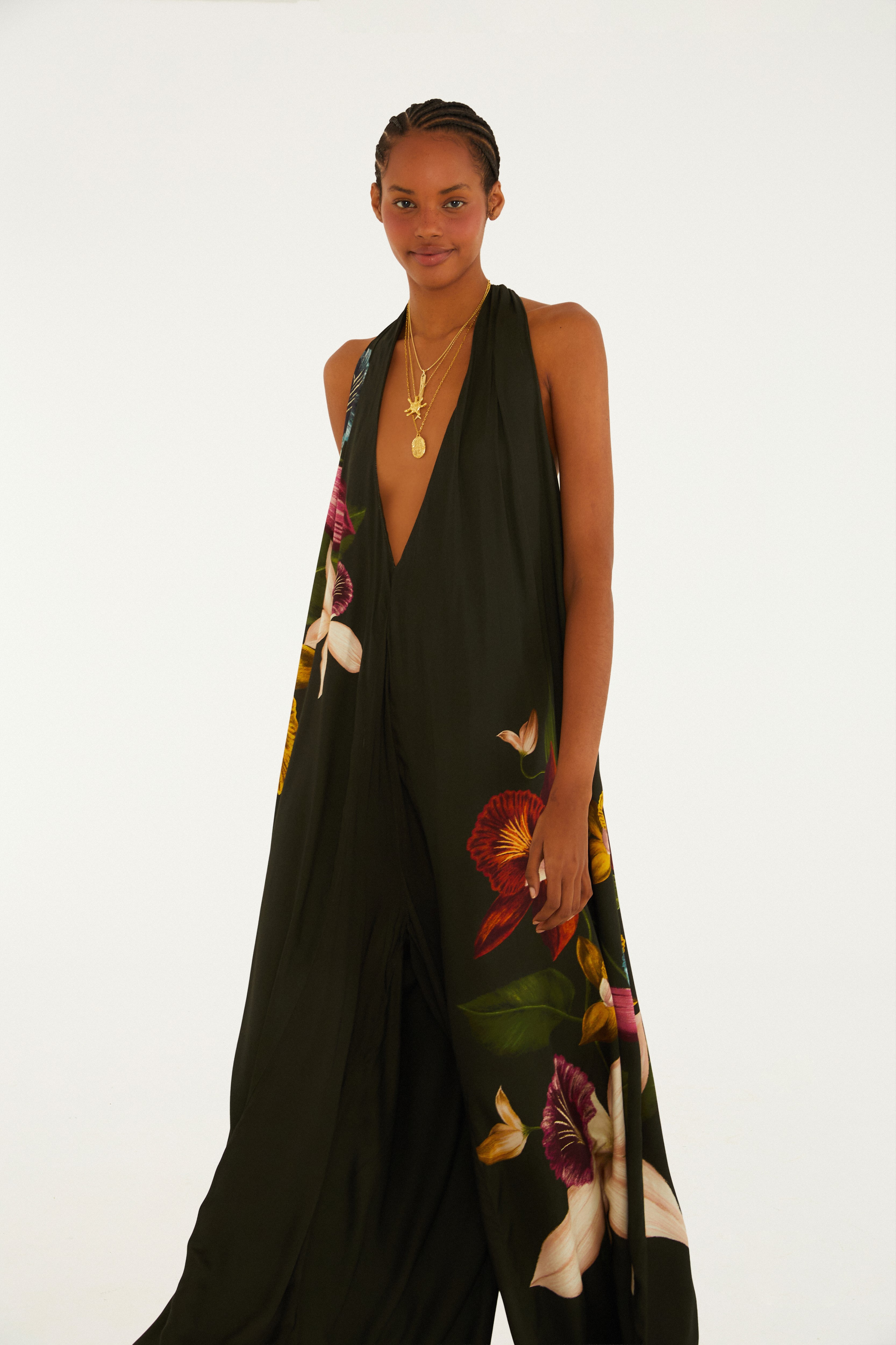 Macacão Palazzo Estampado Maxi Orquídeas