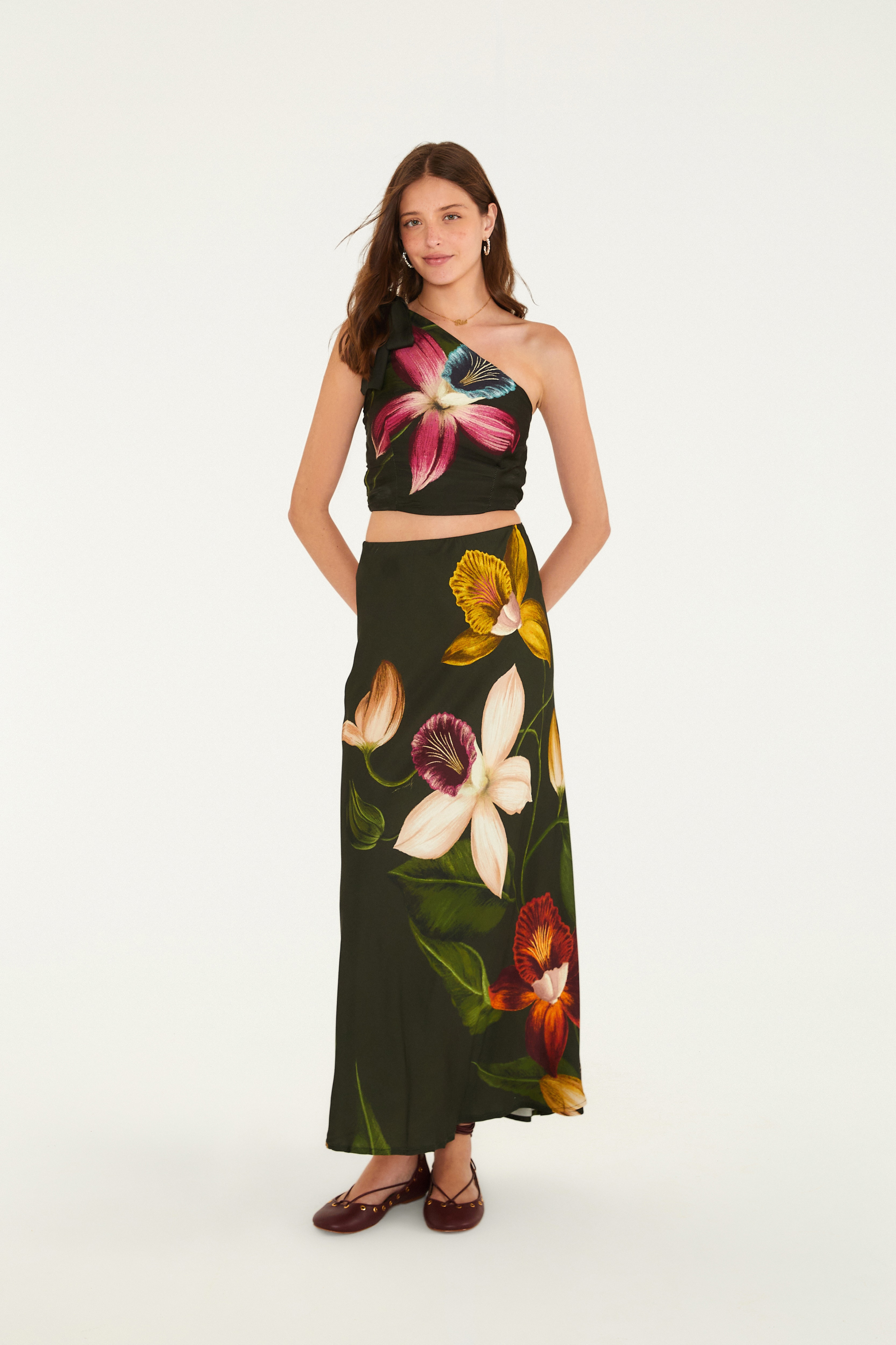 Saia Estampada Maxi Orquídeas