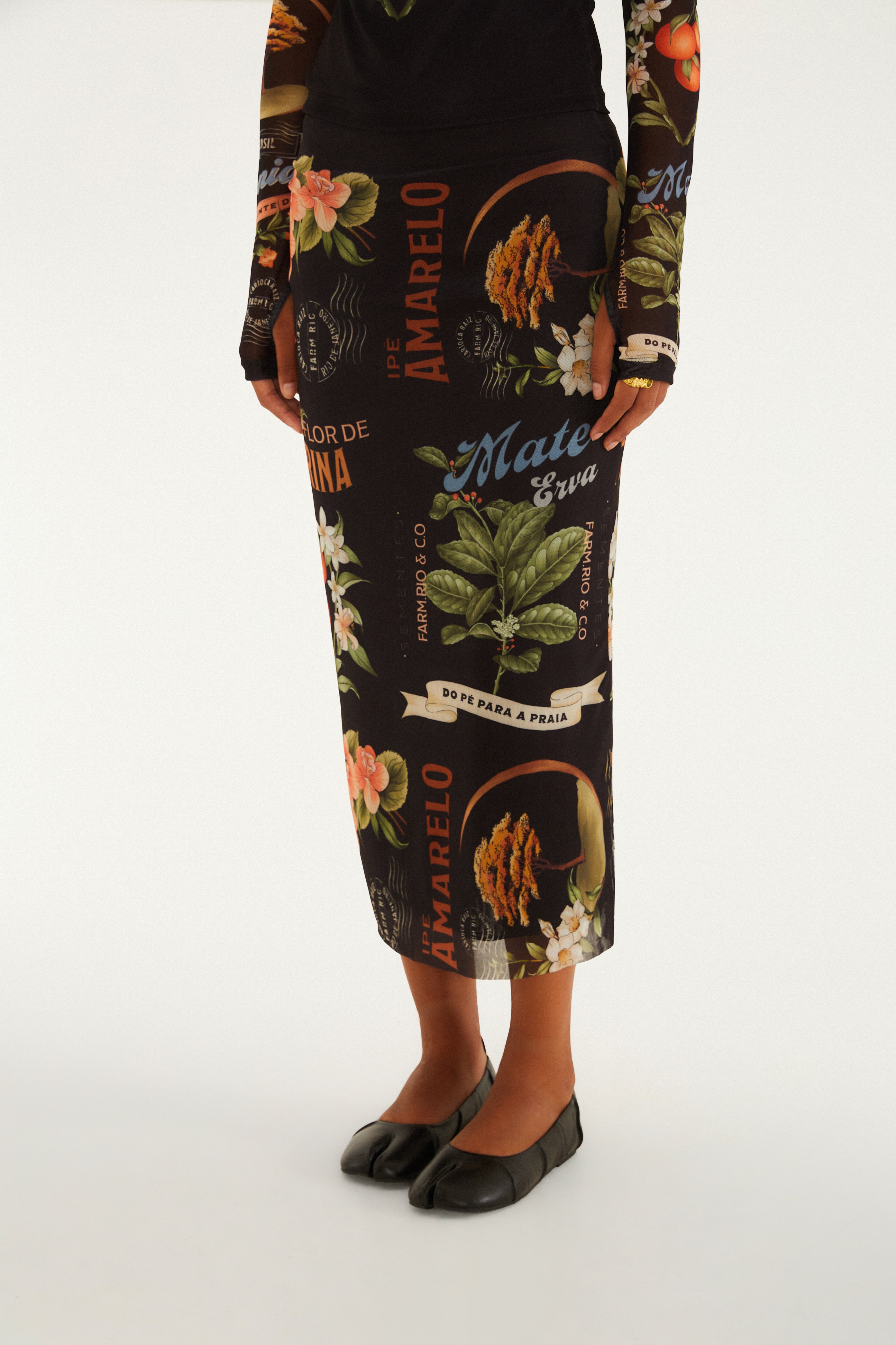 Saia Midi Tule Estampada Selos Do Brasil
