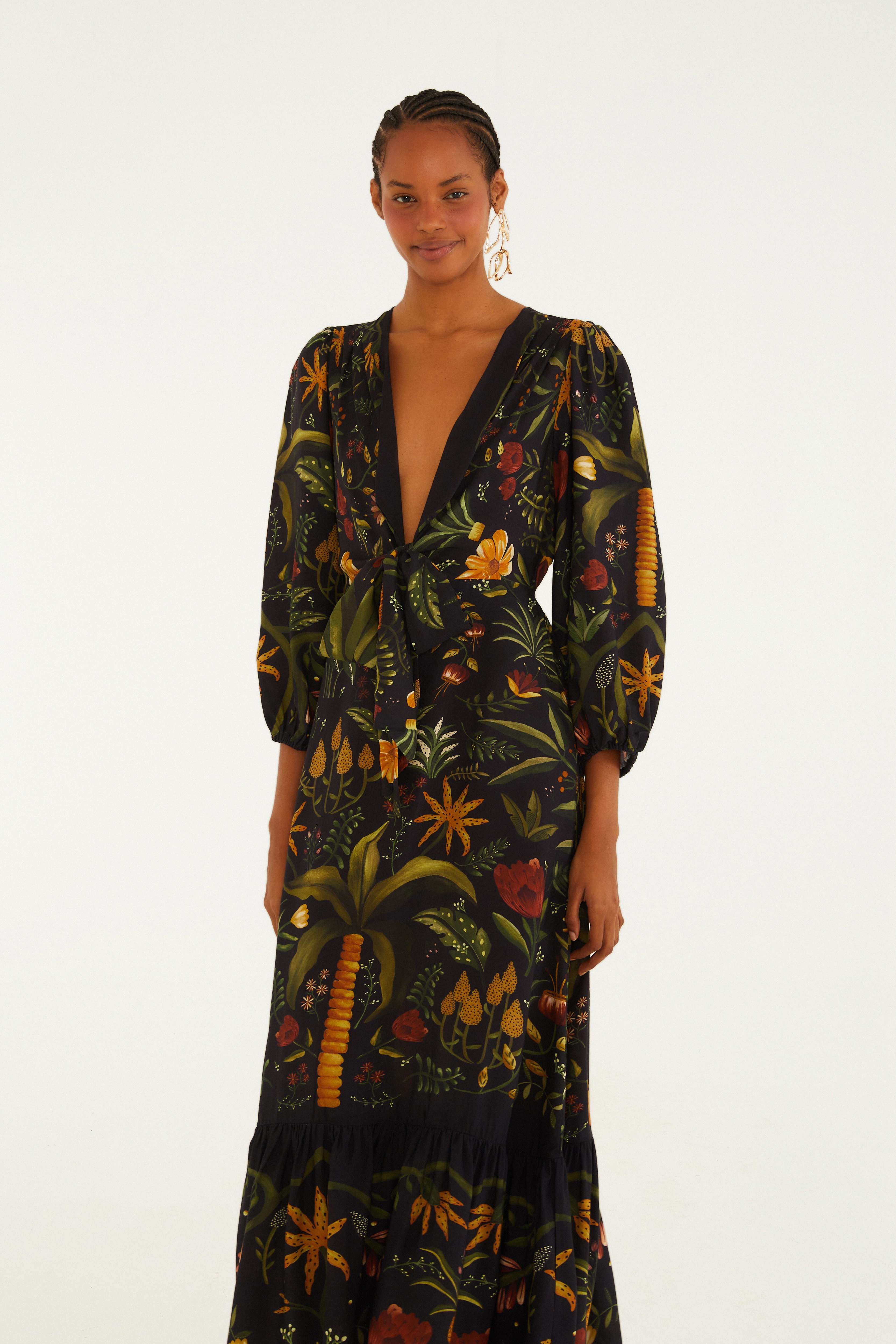Vestido Mangas Estampado Inverno Tropical