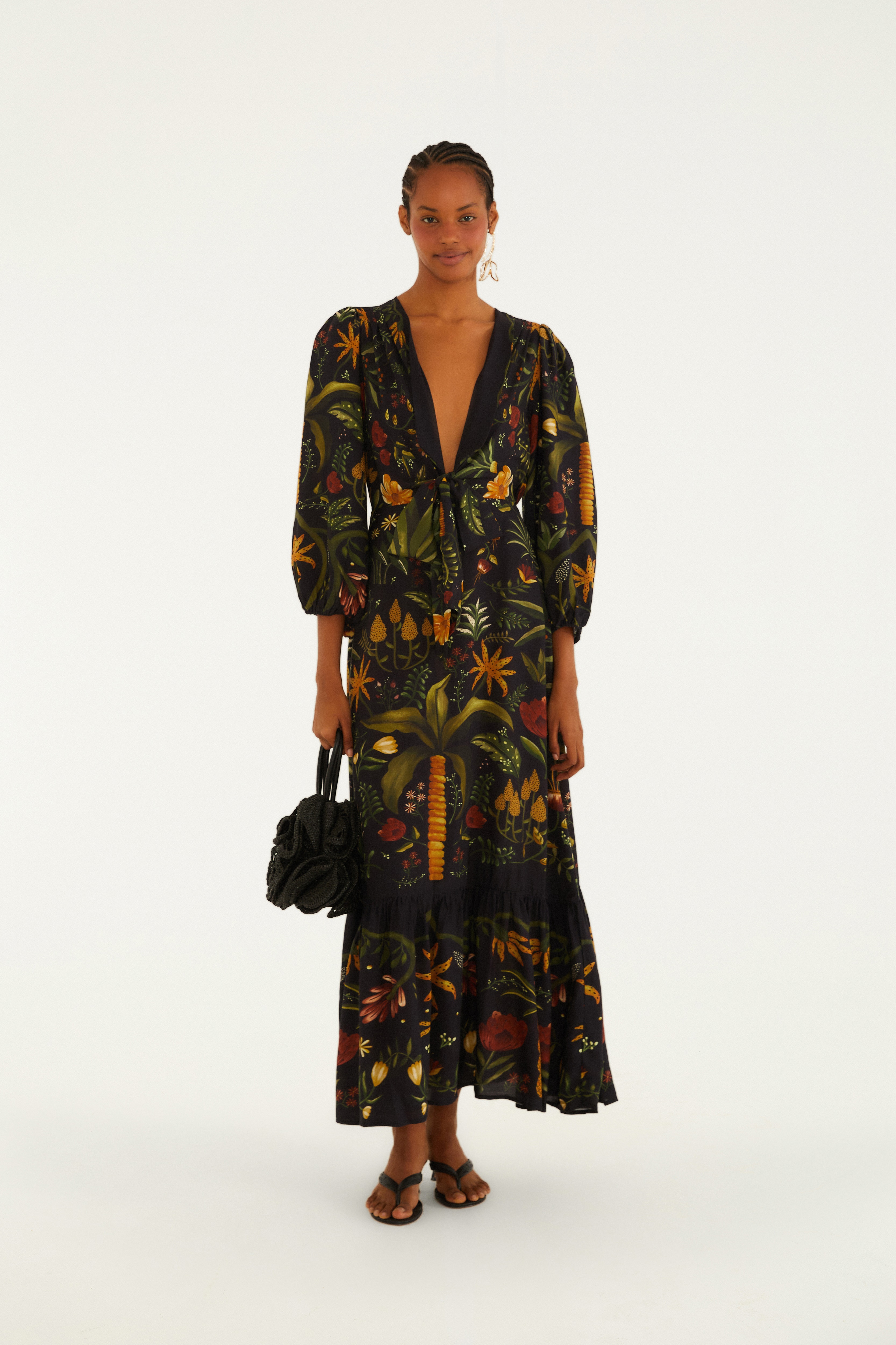 Vestido Mangas Estampado Inverno Tropical