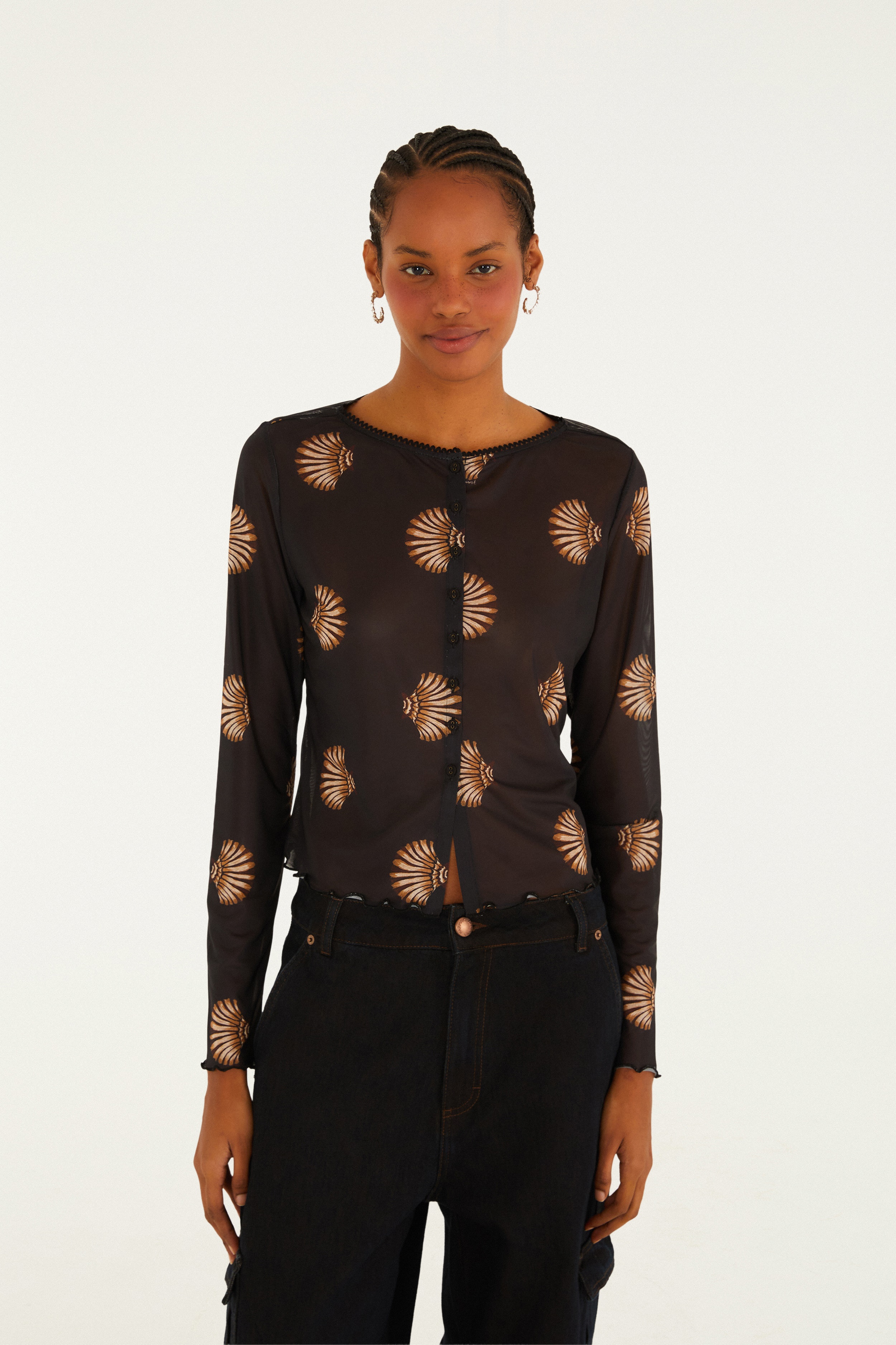 Blusa Tule Botões Estampada Conchita