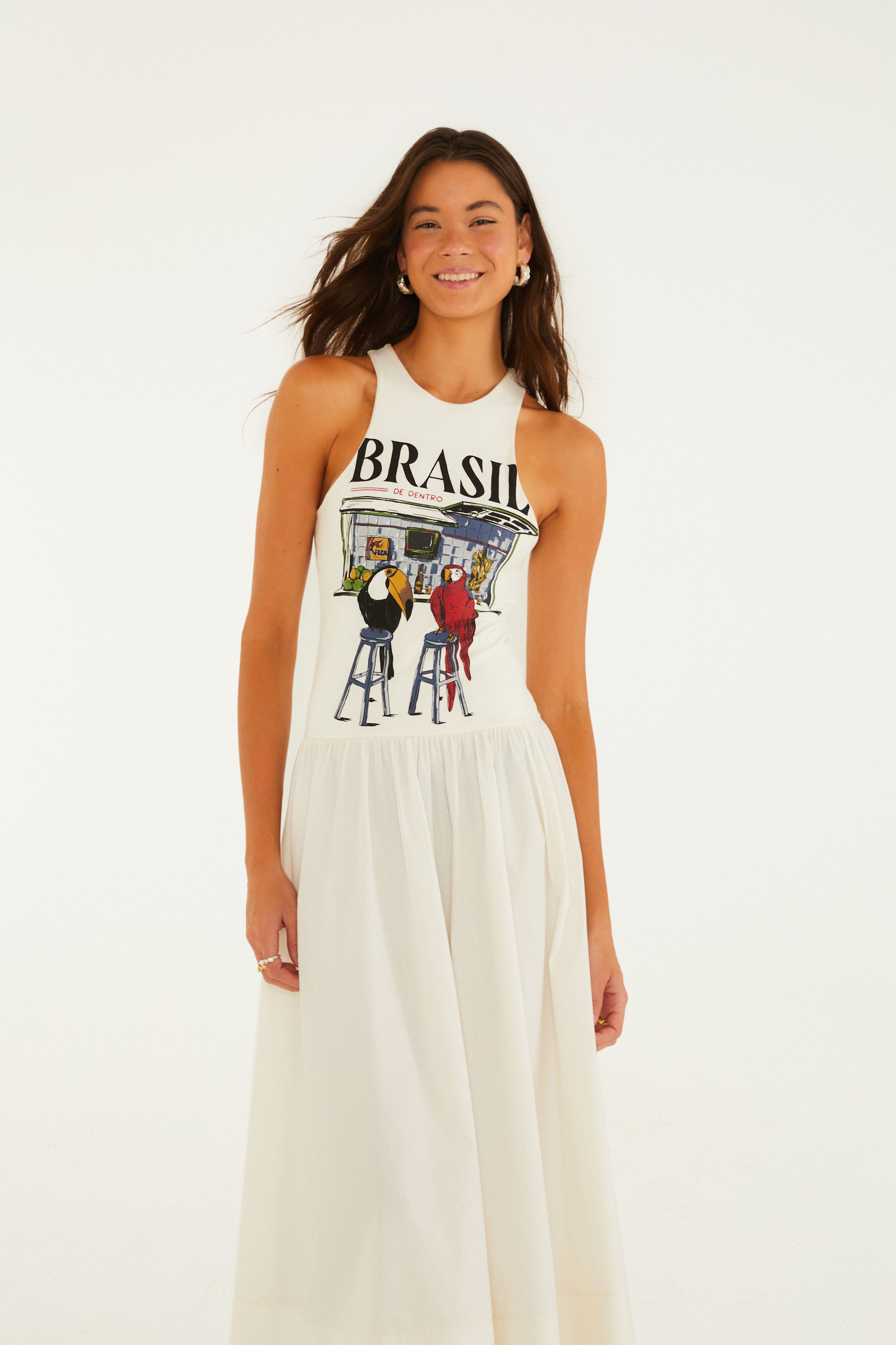 Vestido Midi Godê Estampado Pássaros Brasil