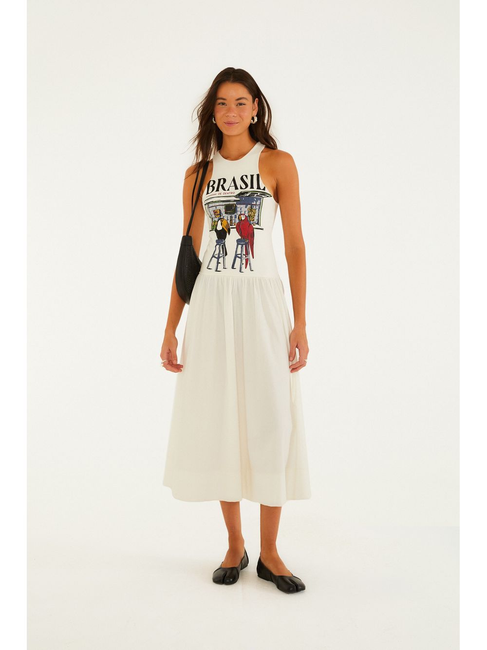 Farm — Vestido Midi Godê Estampado Pássaros Brasil