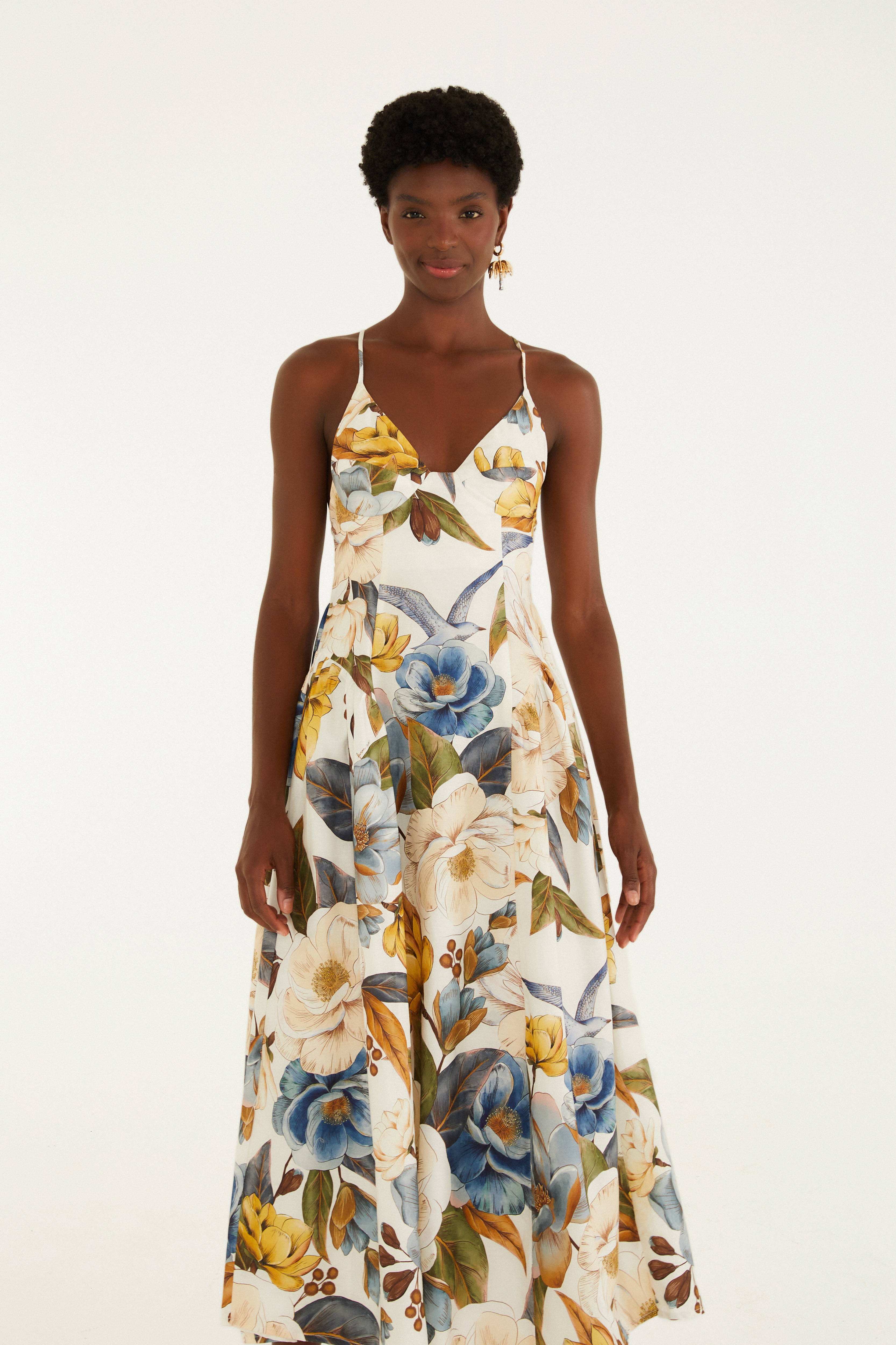 Vestido Longo Alça Estampado Jardim Guanabara