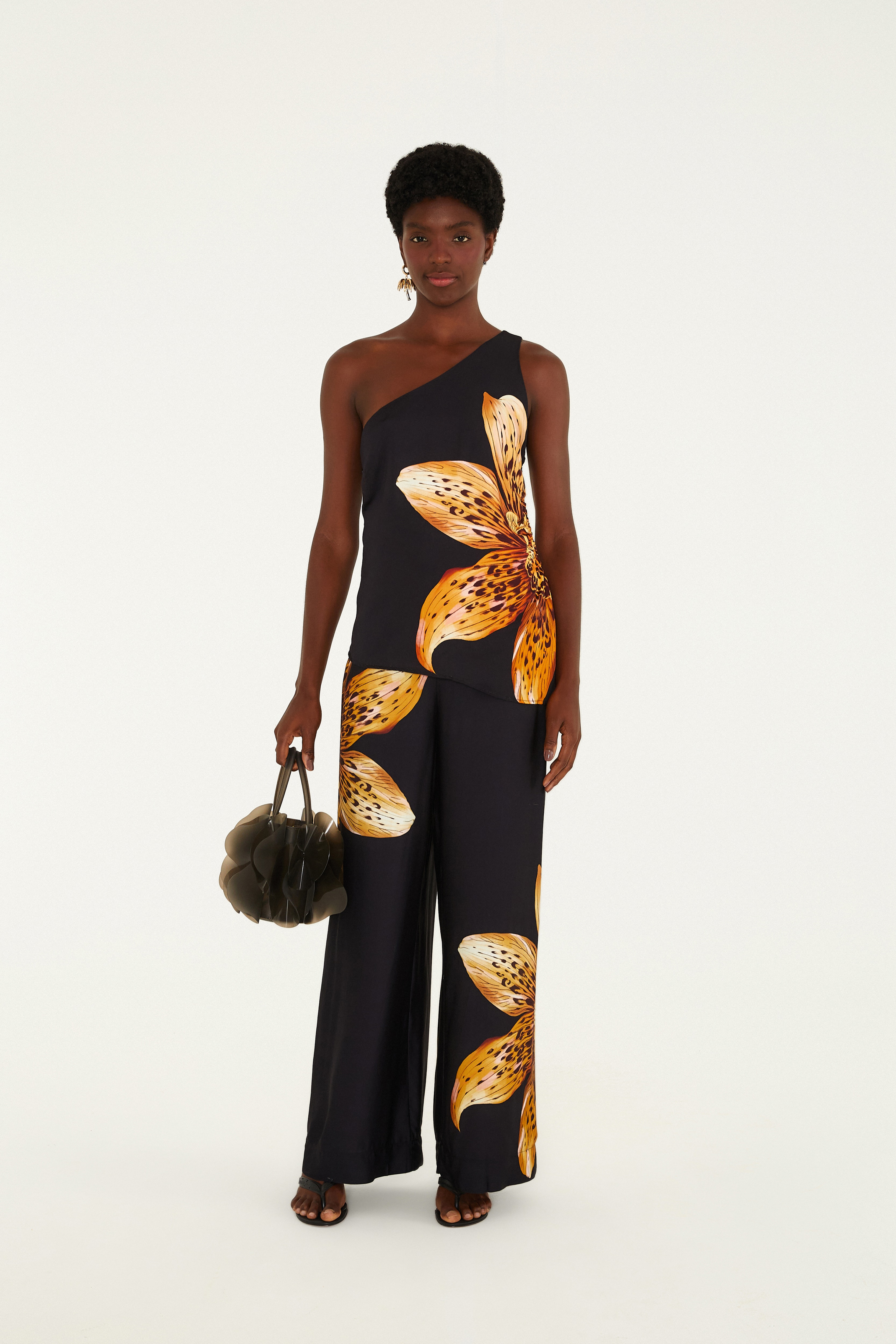 Calça Pantalona Estampada Orquídea Onça
