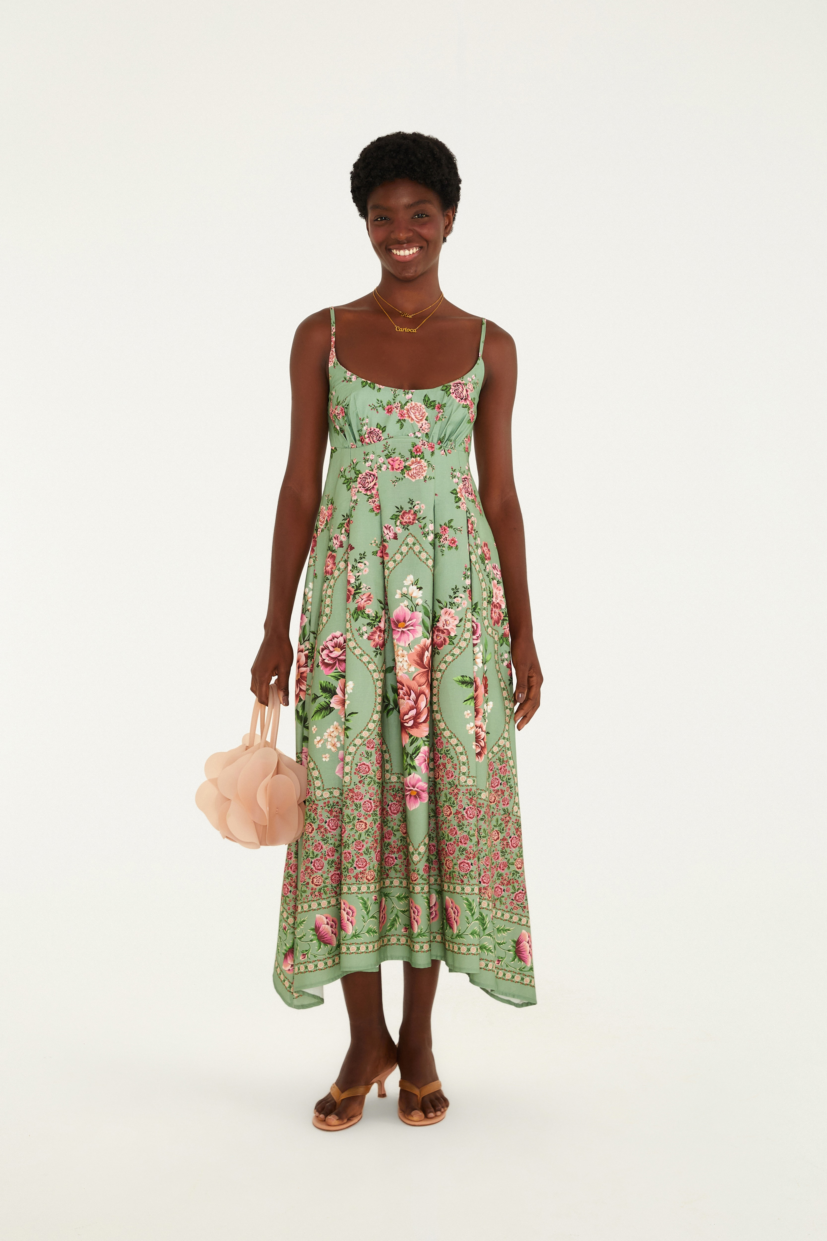 Vestido Longo Alça Estampado Romance