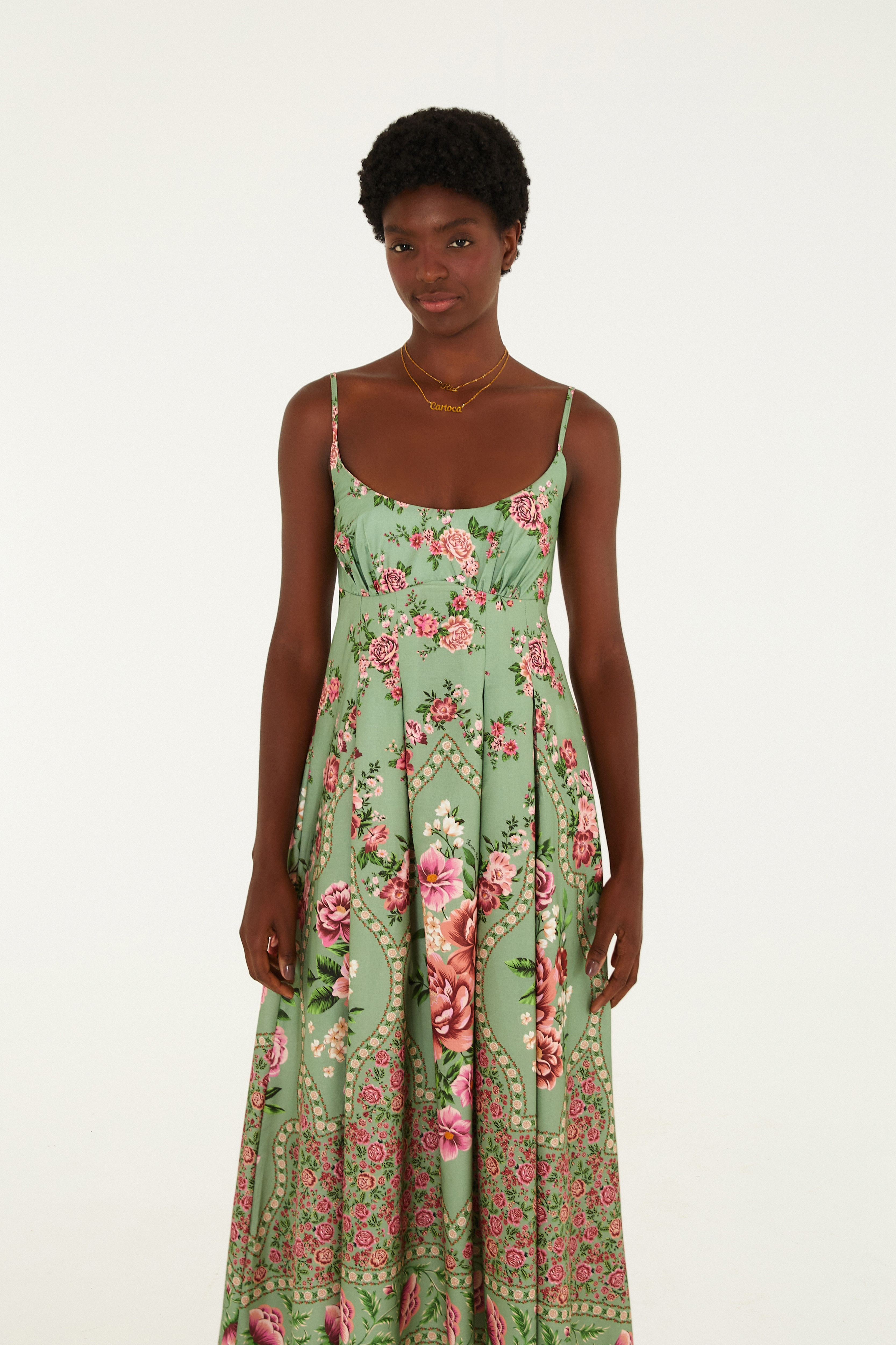 Vestido Longo Alça Estampado Romance
