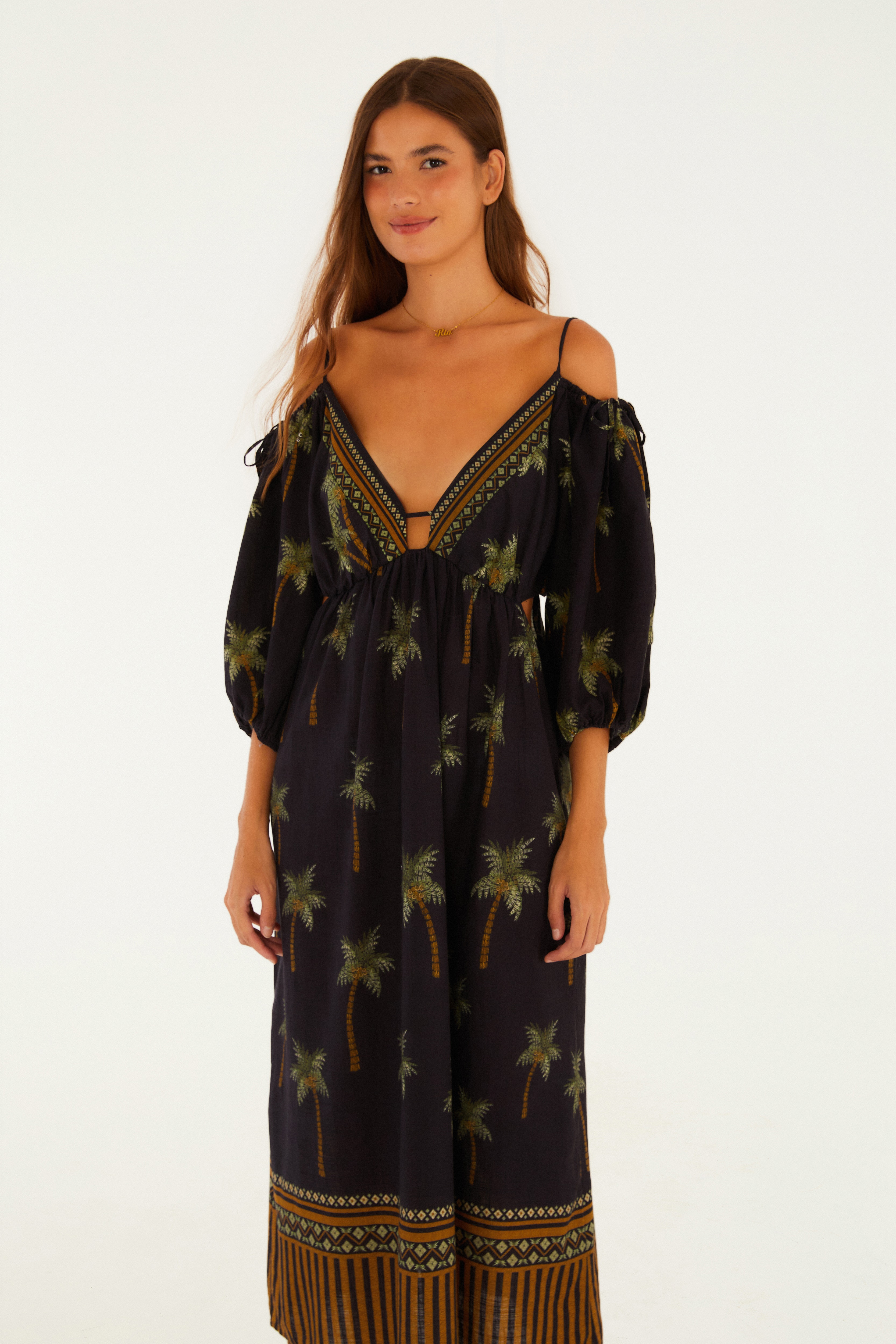 Vestido Longo Estamapdo Coqueiritos Preto