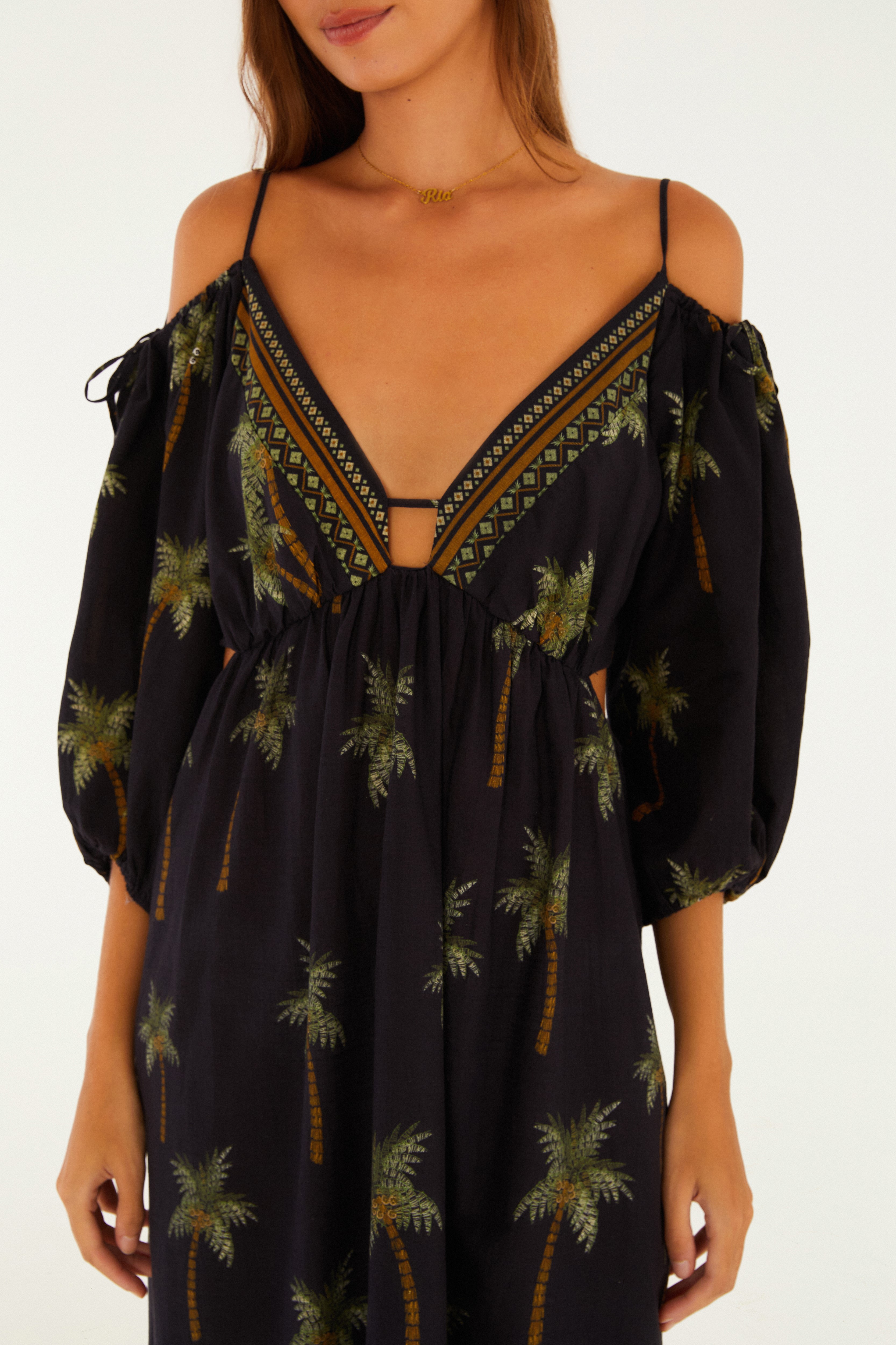 Vestido Longo Estamapdo Coqueiritos Preto