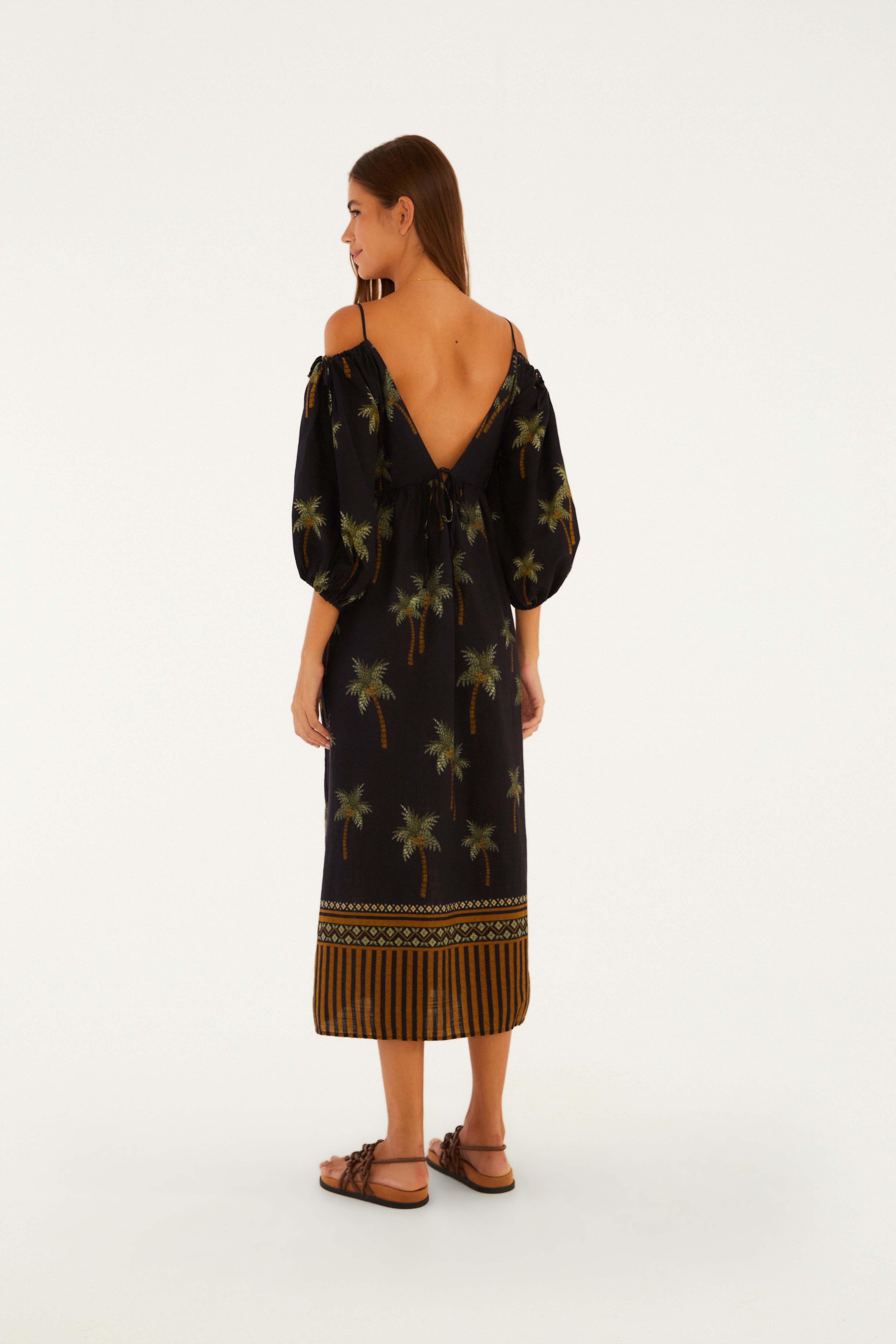 Vestido Longo Estamapdo Coqueiritos Preto