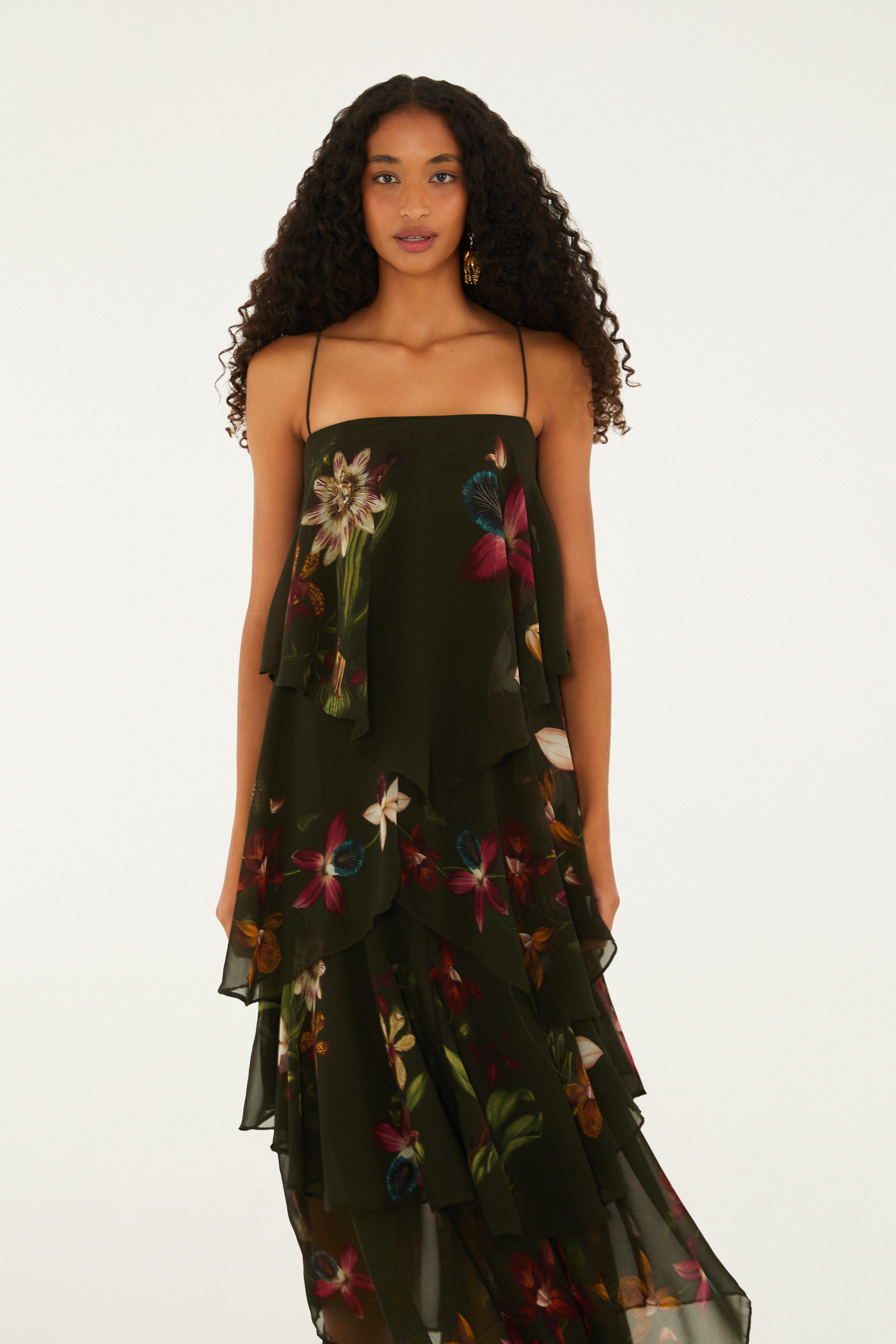 Vestido Longo Estampado Maxi Orquídeas