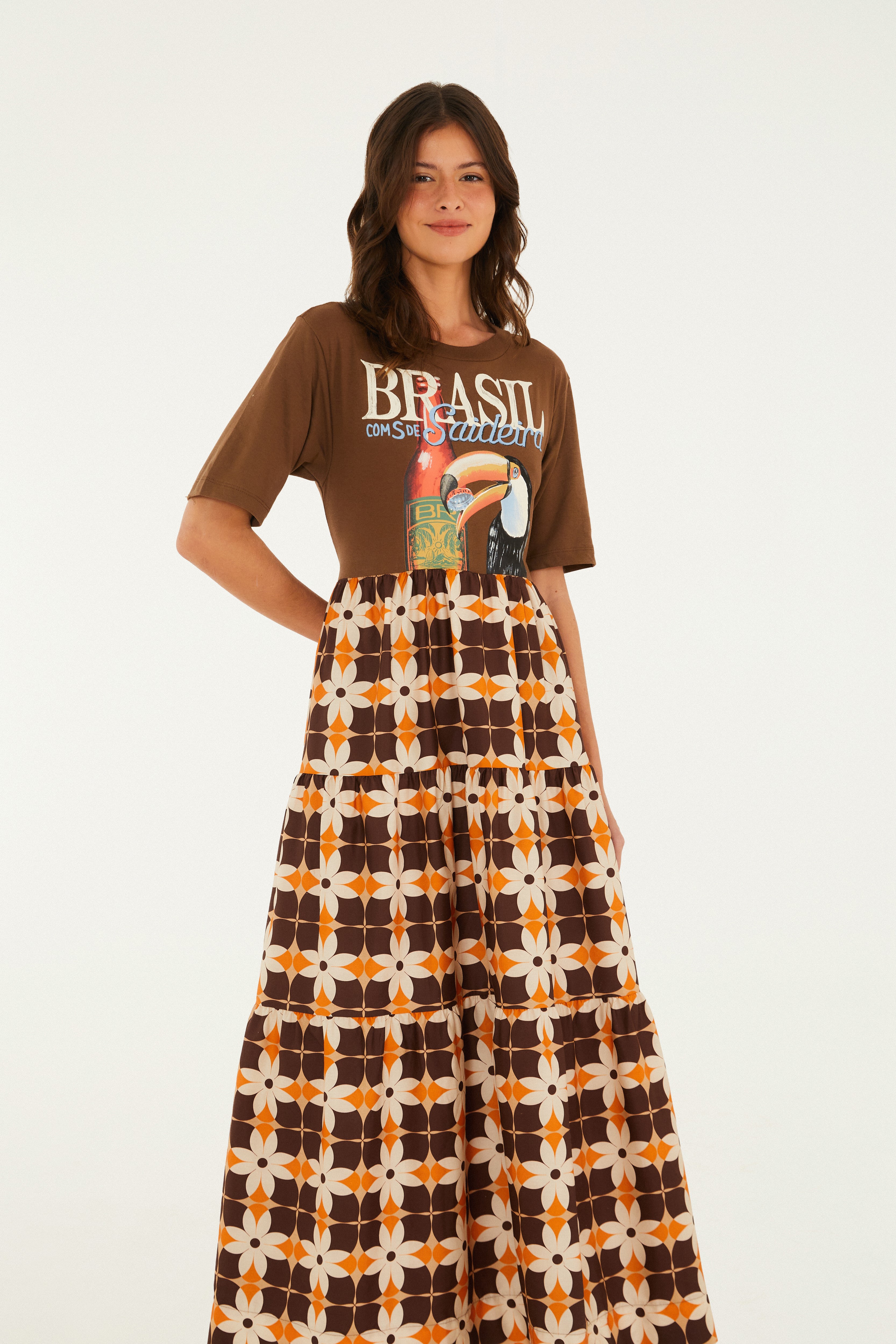 Vestido Midi Estampado Brasil Saideira