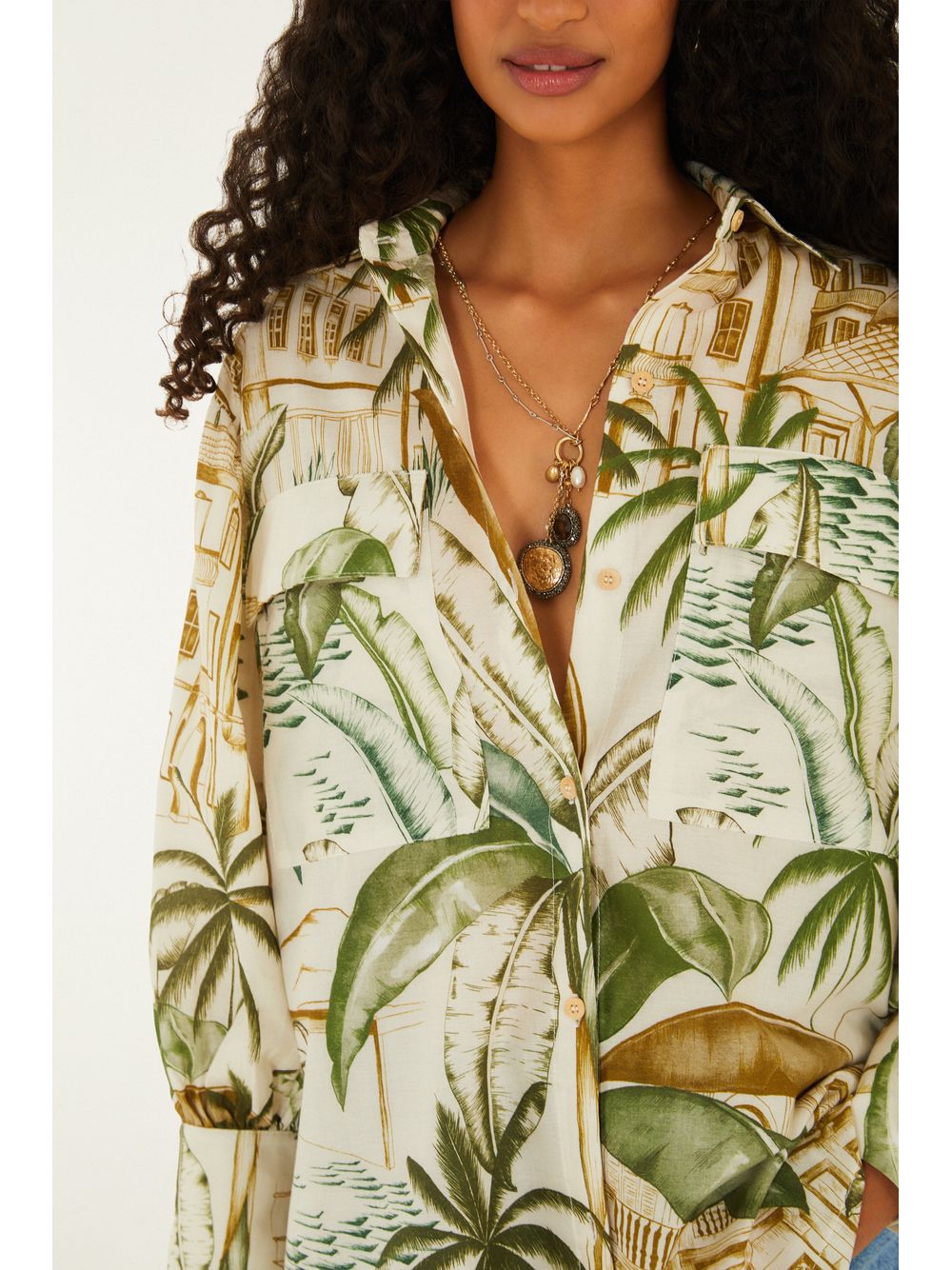 Farm — Camisa Mangas Pesponto Teresa Bege Creme