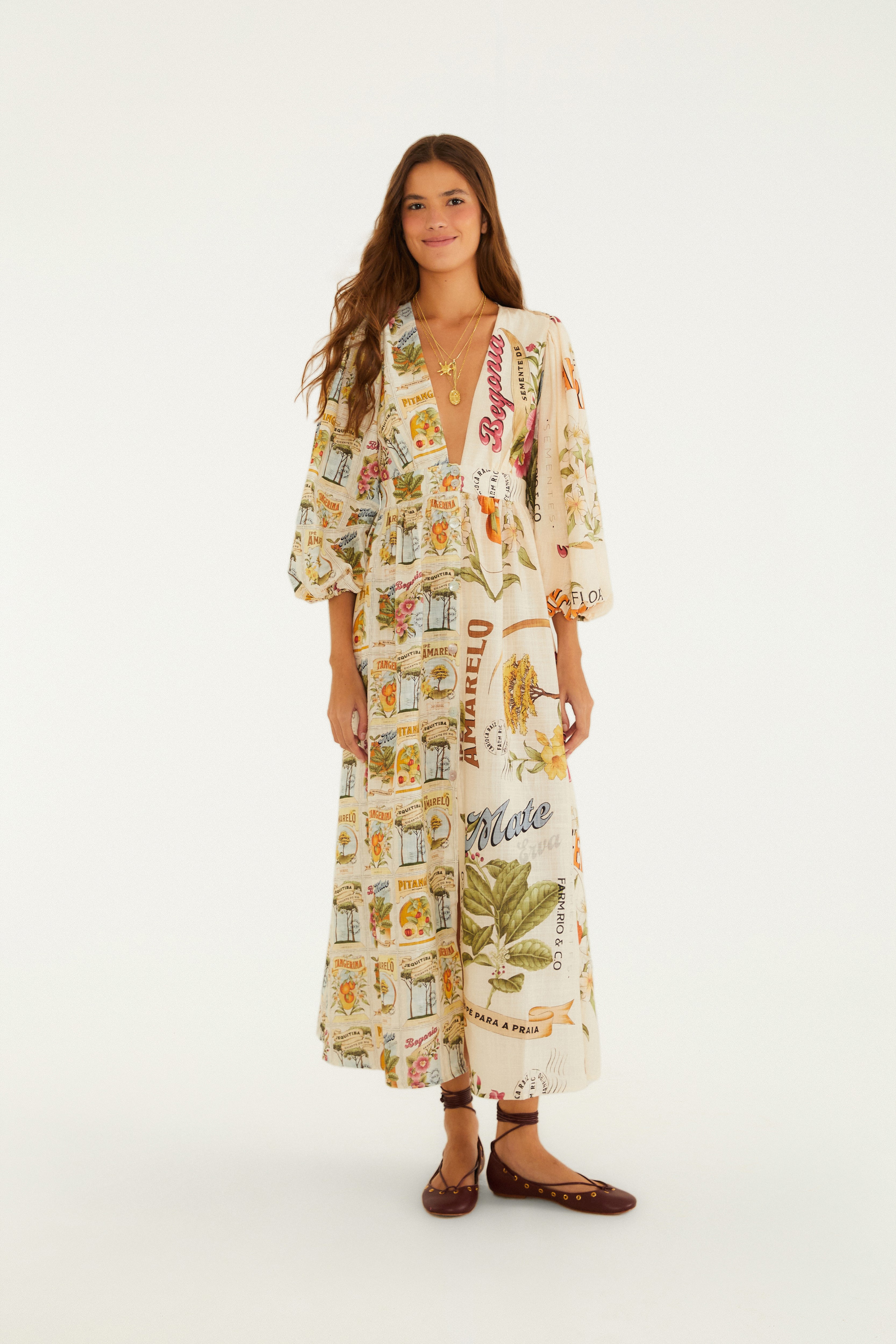 Vestido Mangas Estampado Selos Do Brasil