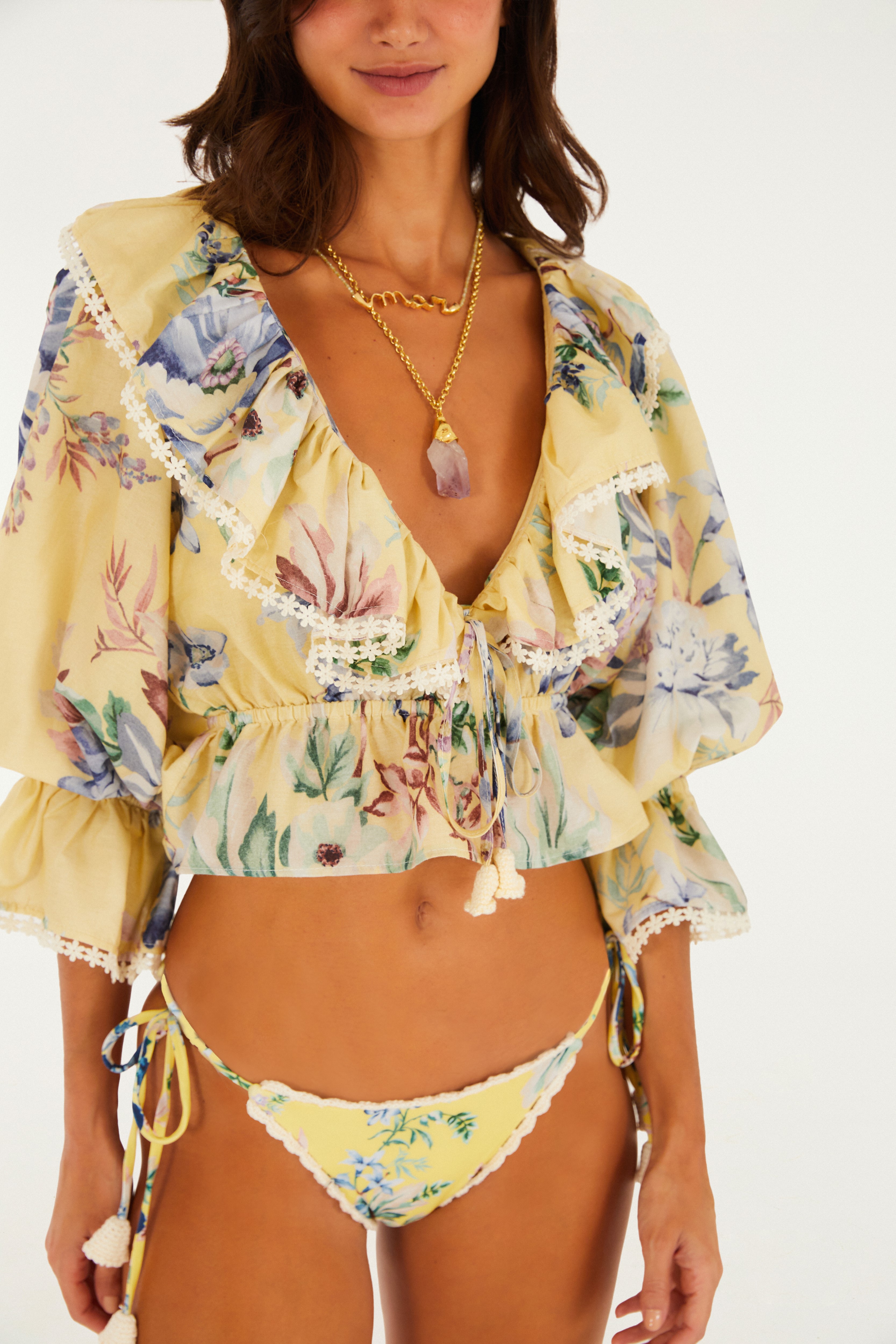 Cropped Babados Estampada Floral Leni