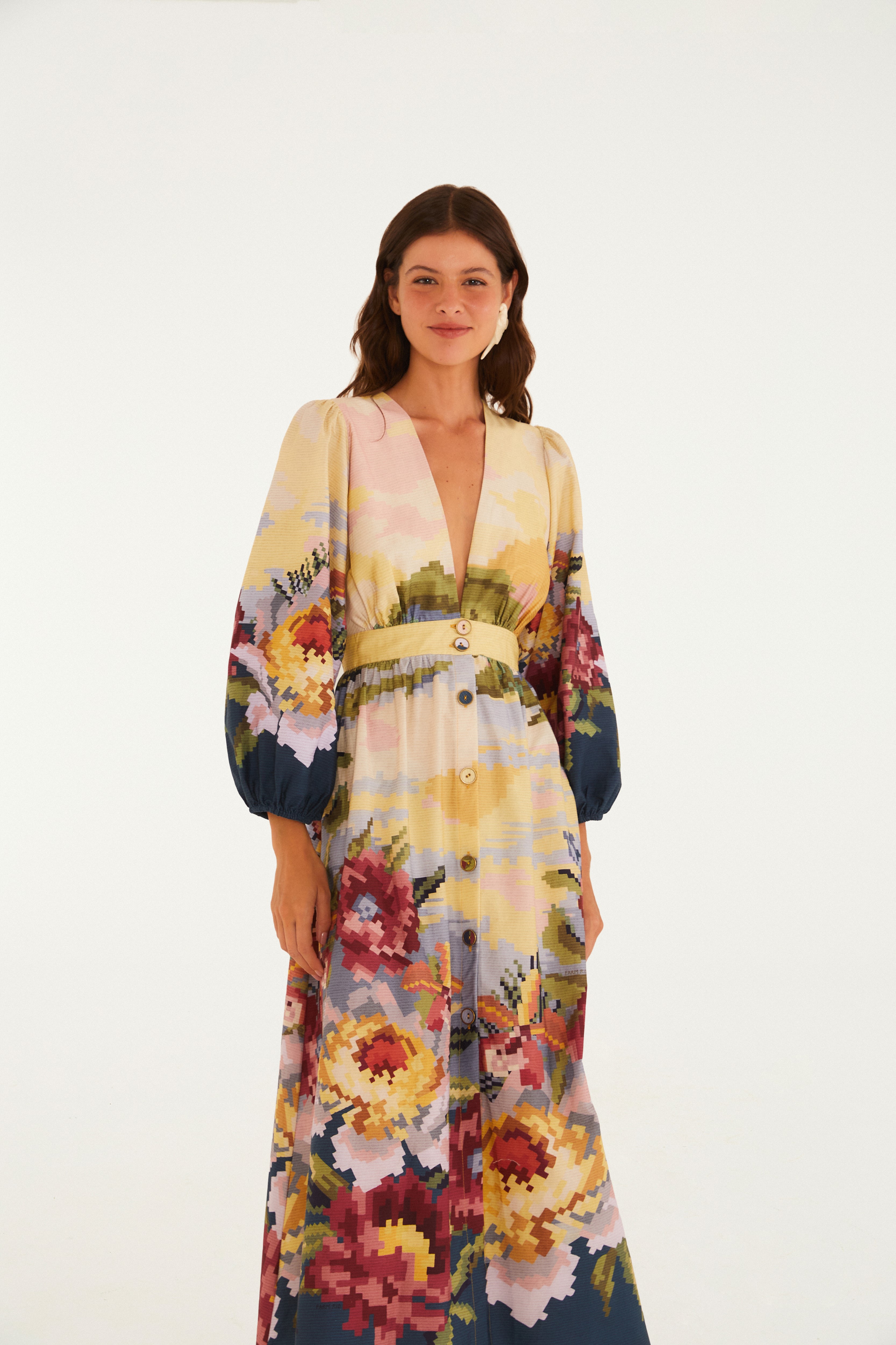 Vestido Botões Estampado Paisagem Pixel