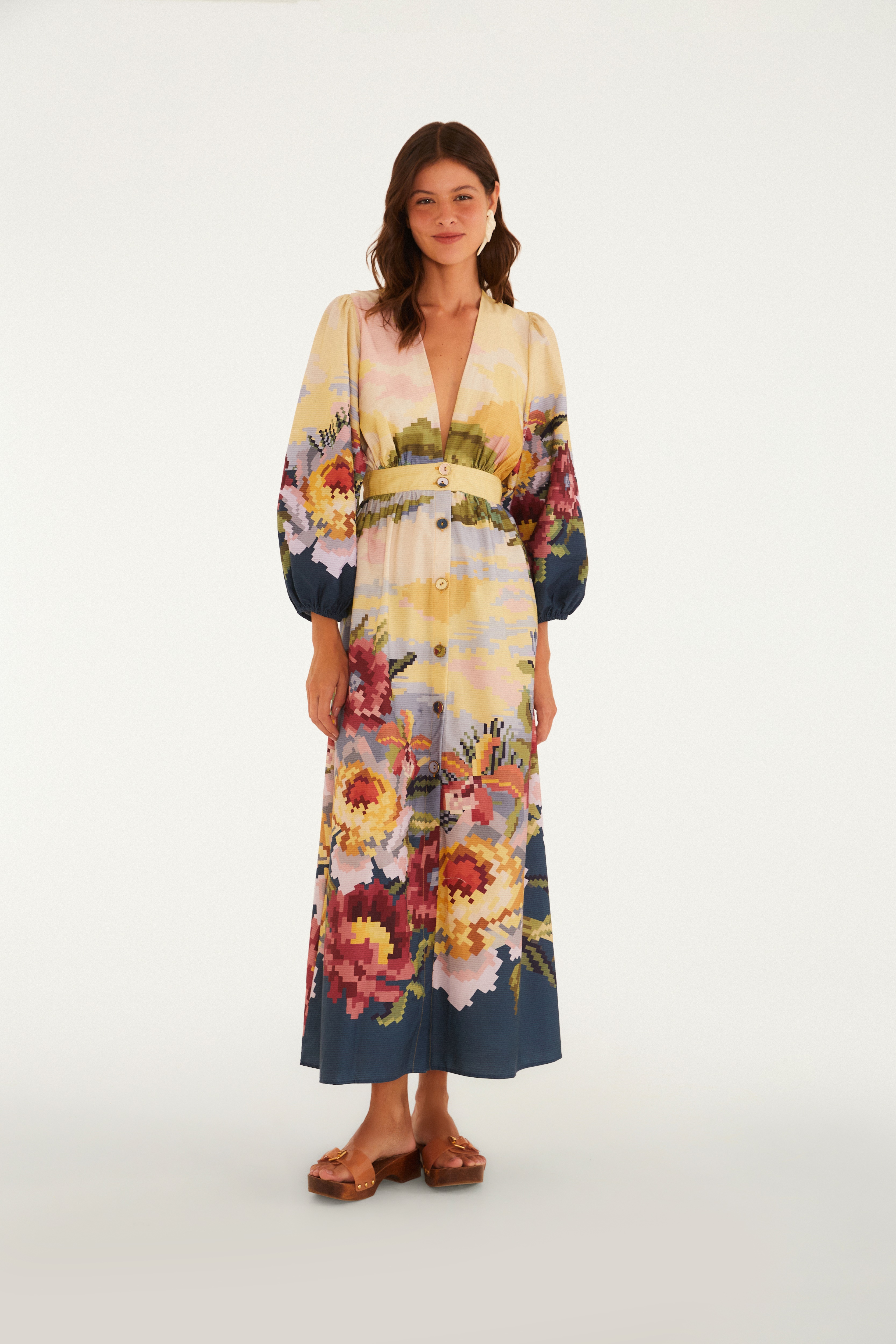 Vestido Botões Estampado Paisagem Pixel