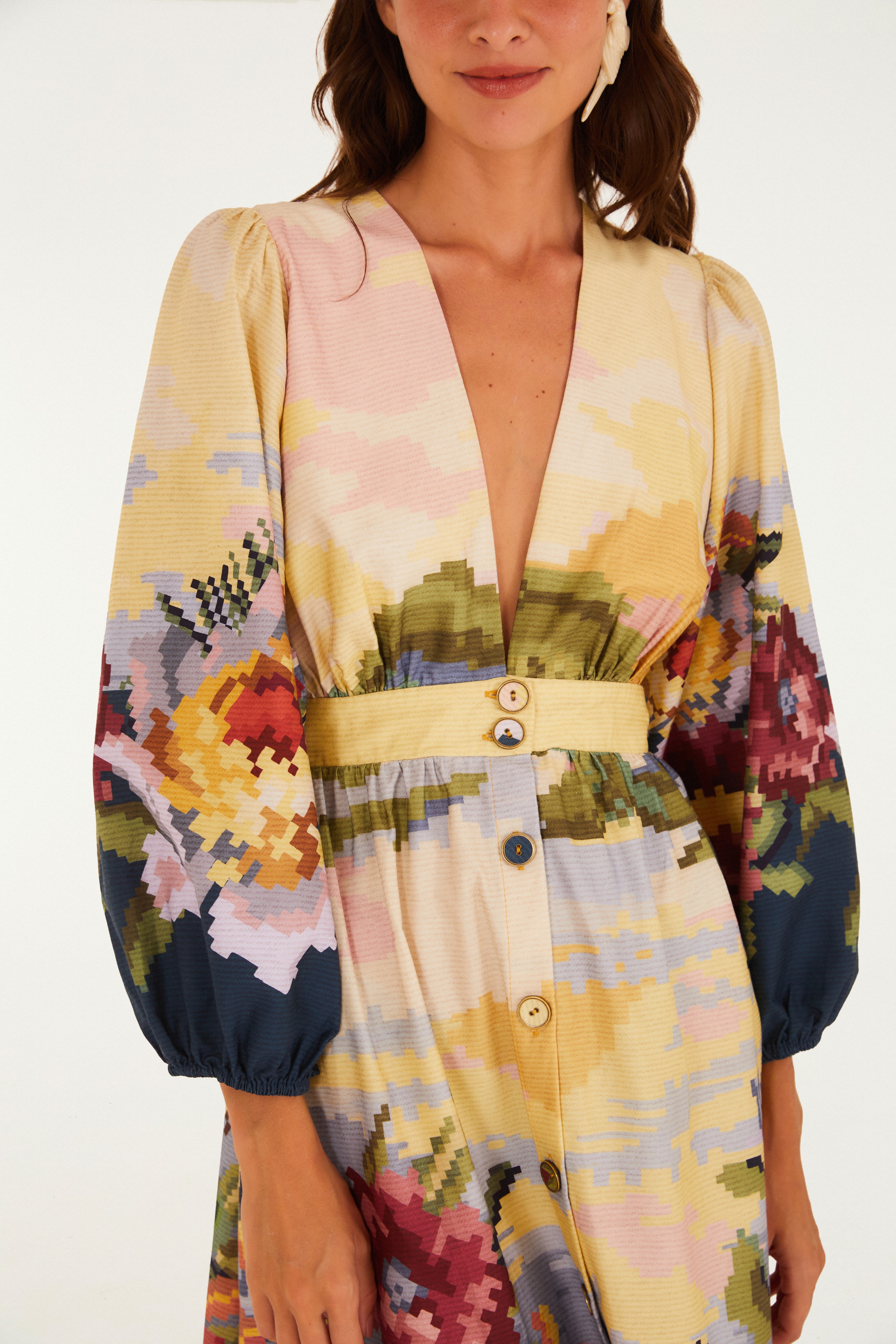 Vestido Botões Estampado Paisagem Pixel