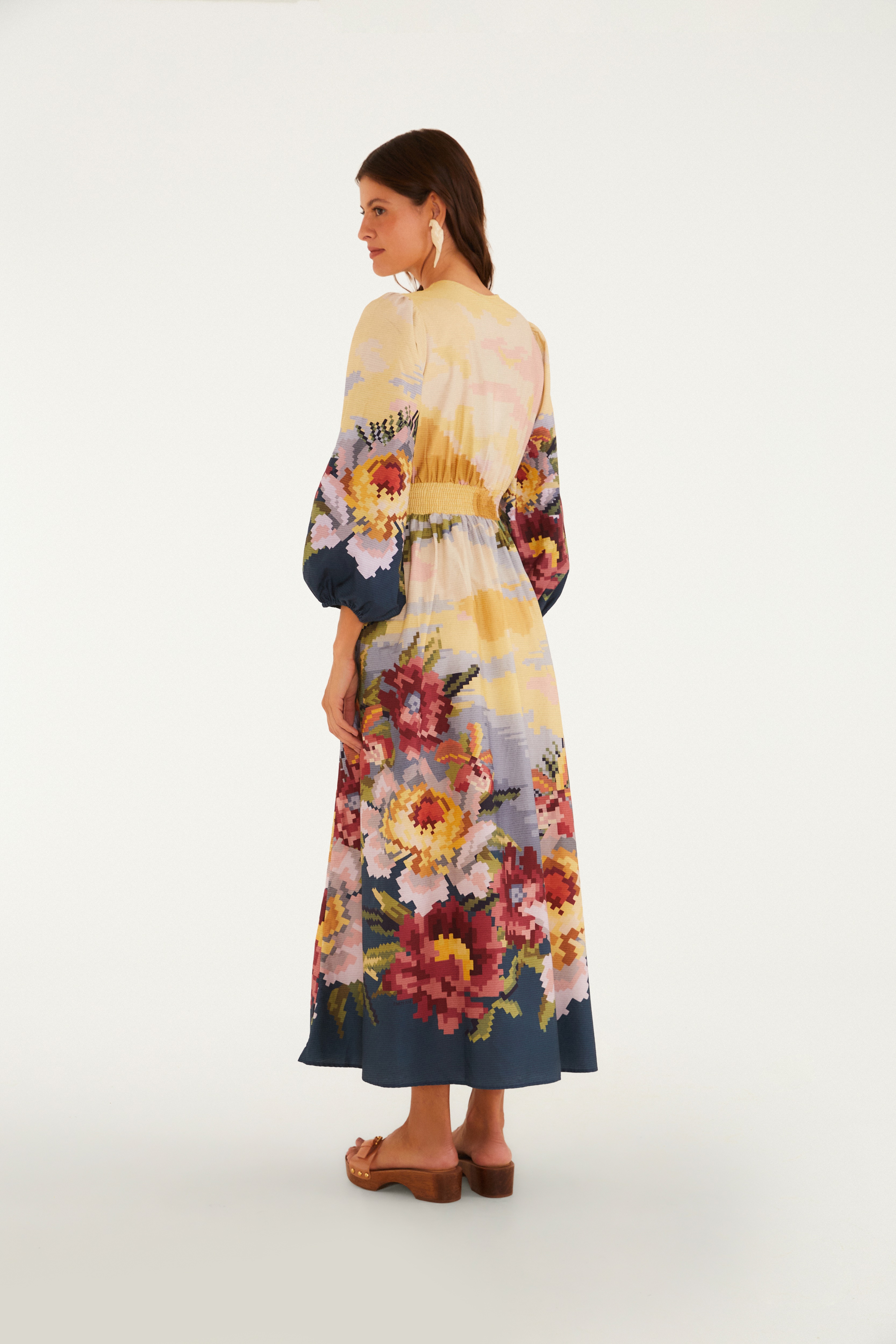 Vestido Botões Estampado Paisagem Pixel
