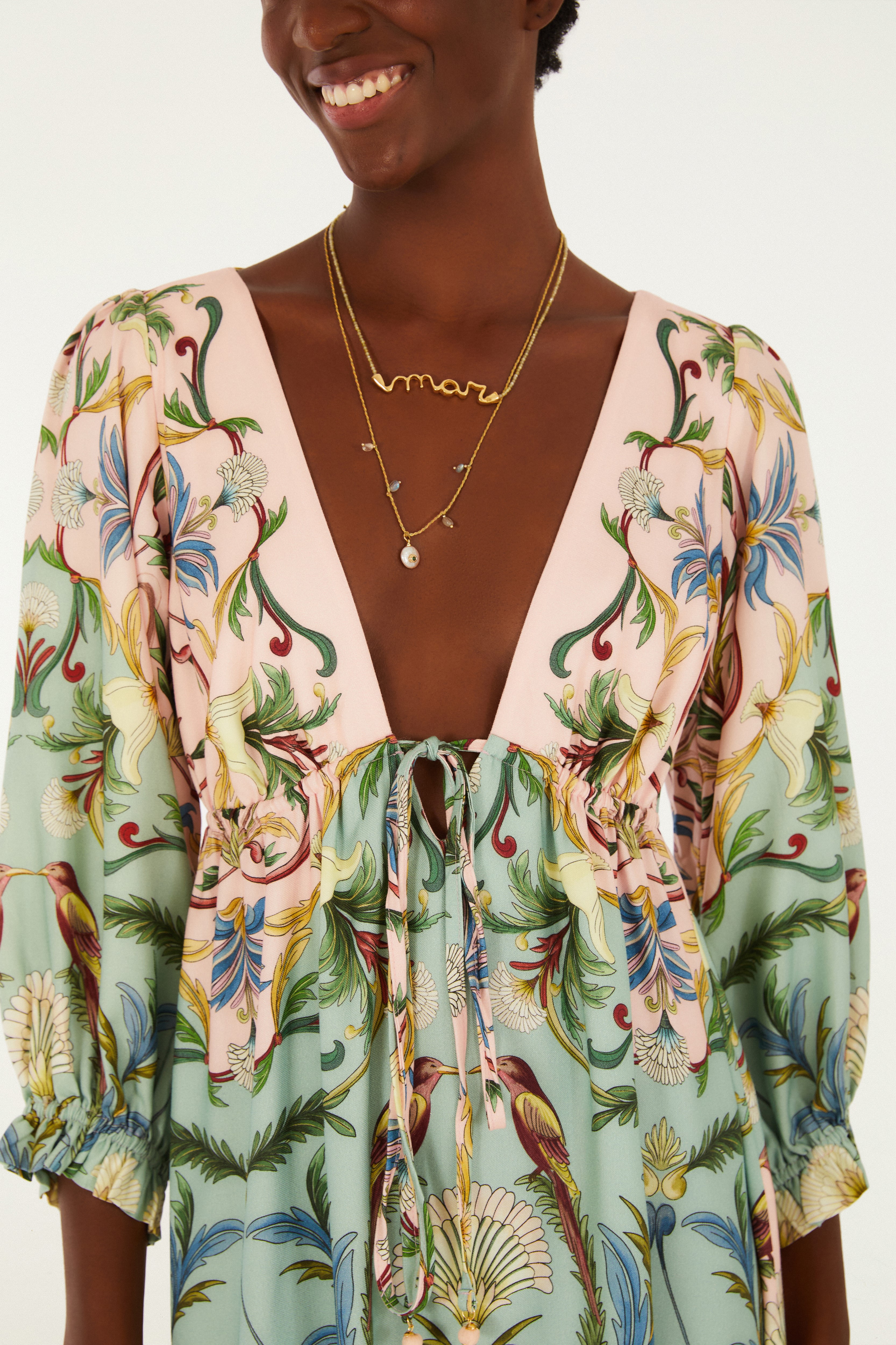 Vestido Manga Longa Estampado Florescer