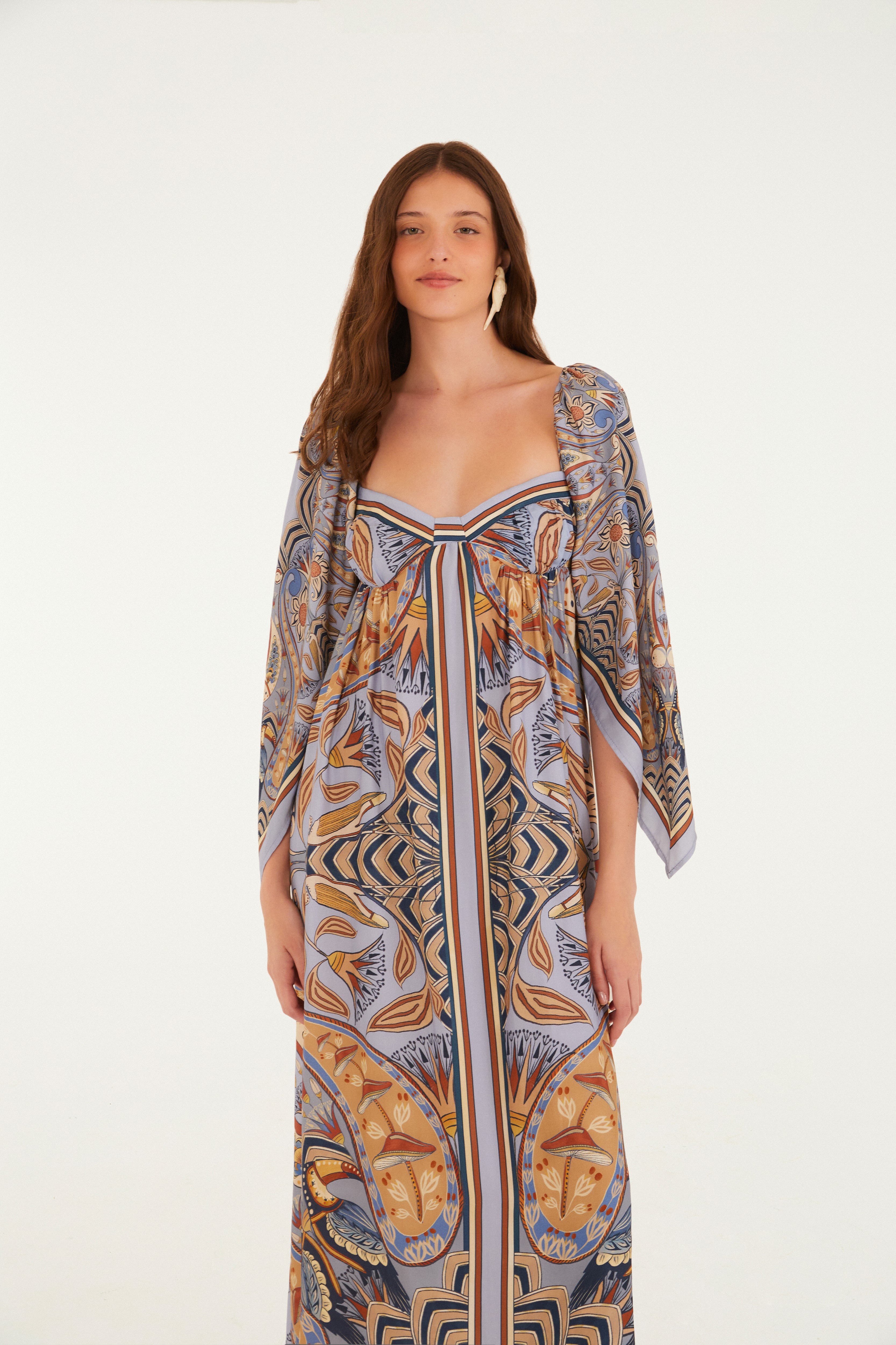 Vestido Mangas Estampado Lenço Riviera