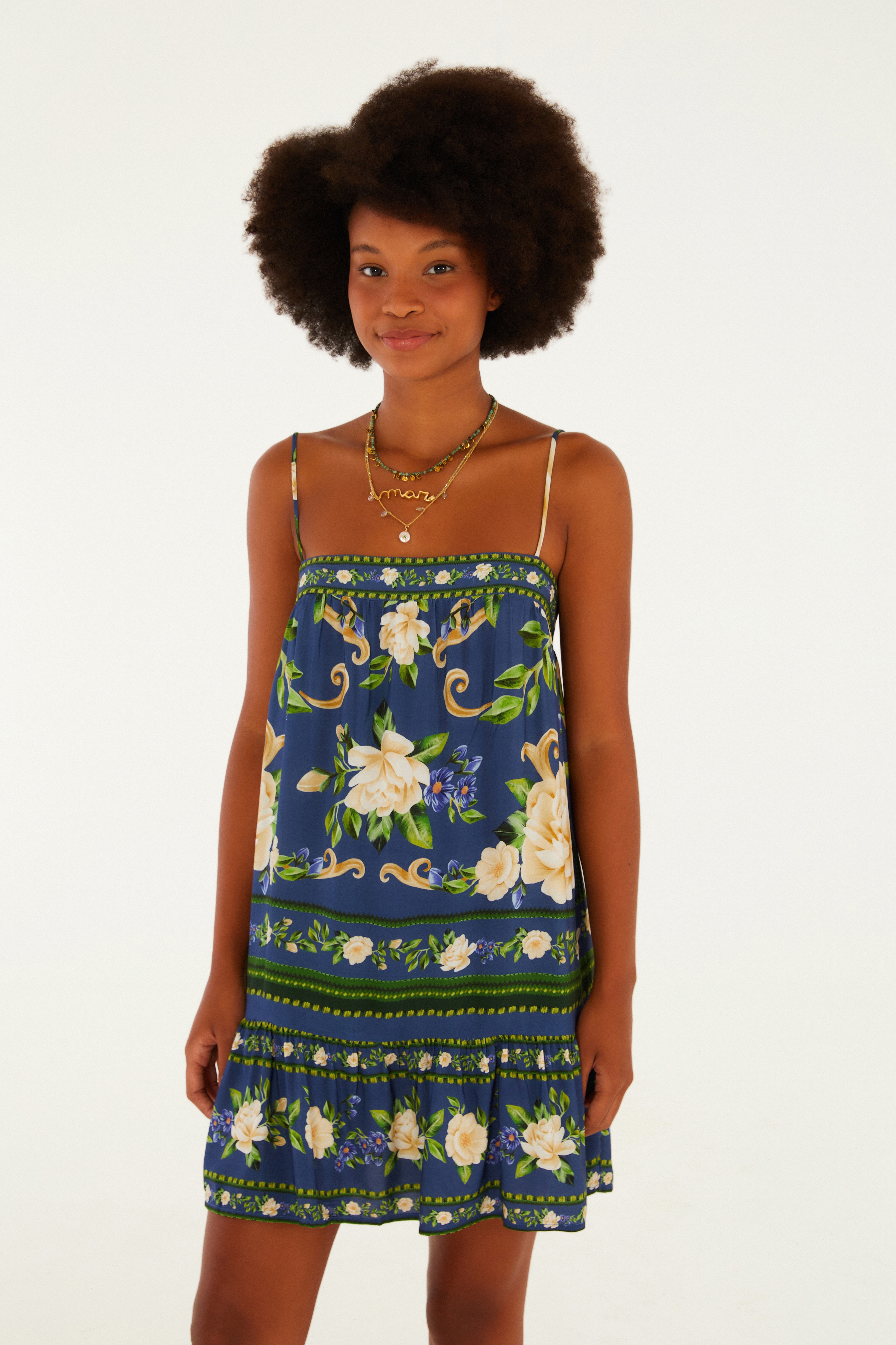 Vestido Curto Estampado Flor Celeste
