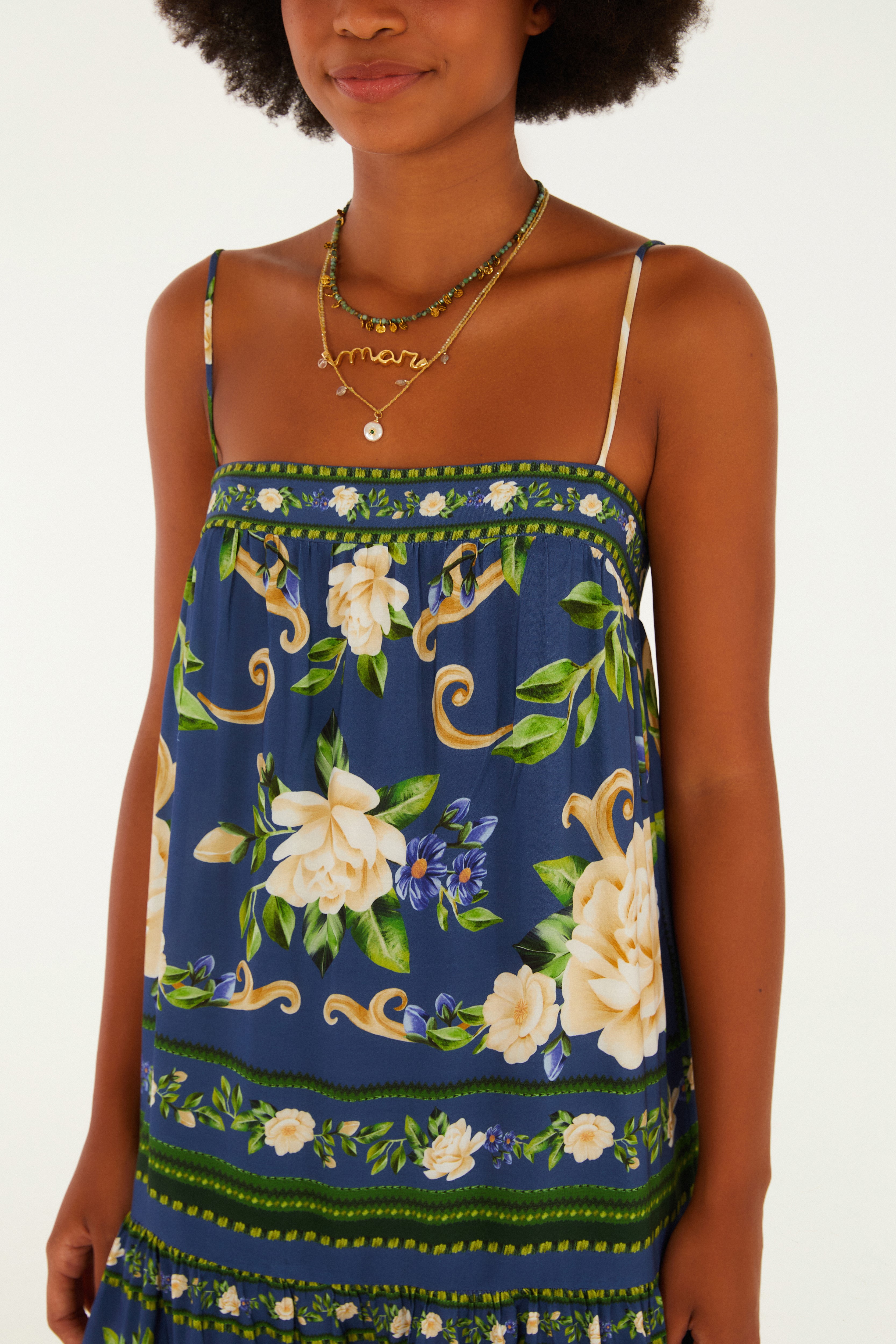 Vestido Curto Estampado Flor Celeste