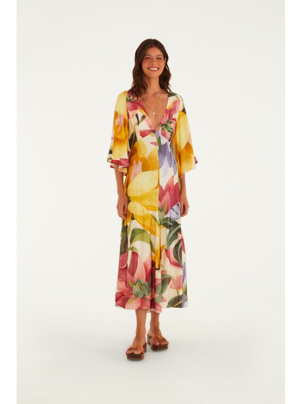 Farm — Vestido Mangas Estampado Chita Pintada