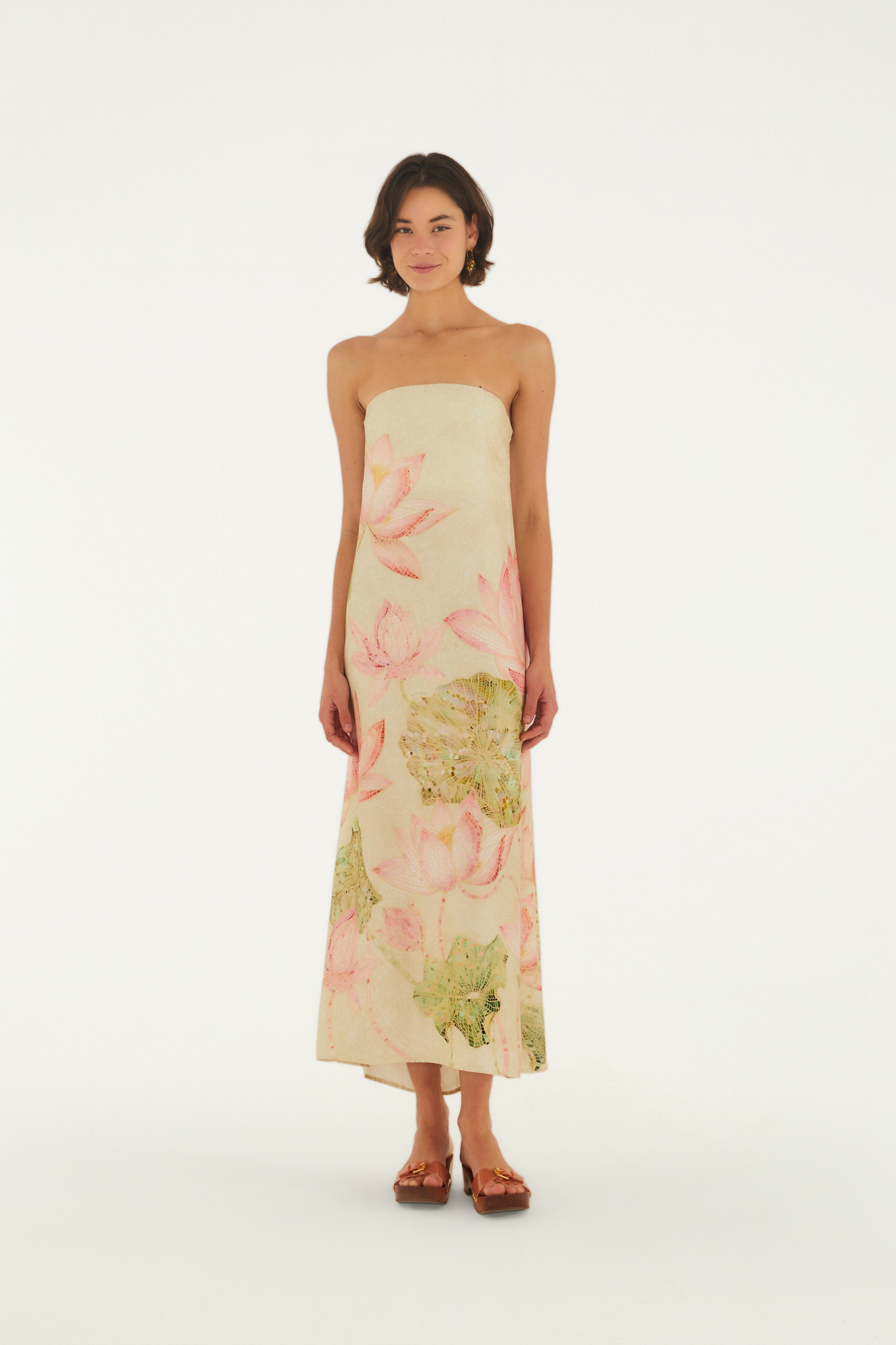 Vestido Longo Sem Alças Estampado Lótus Mosaico