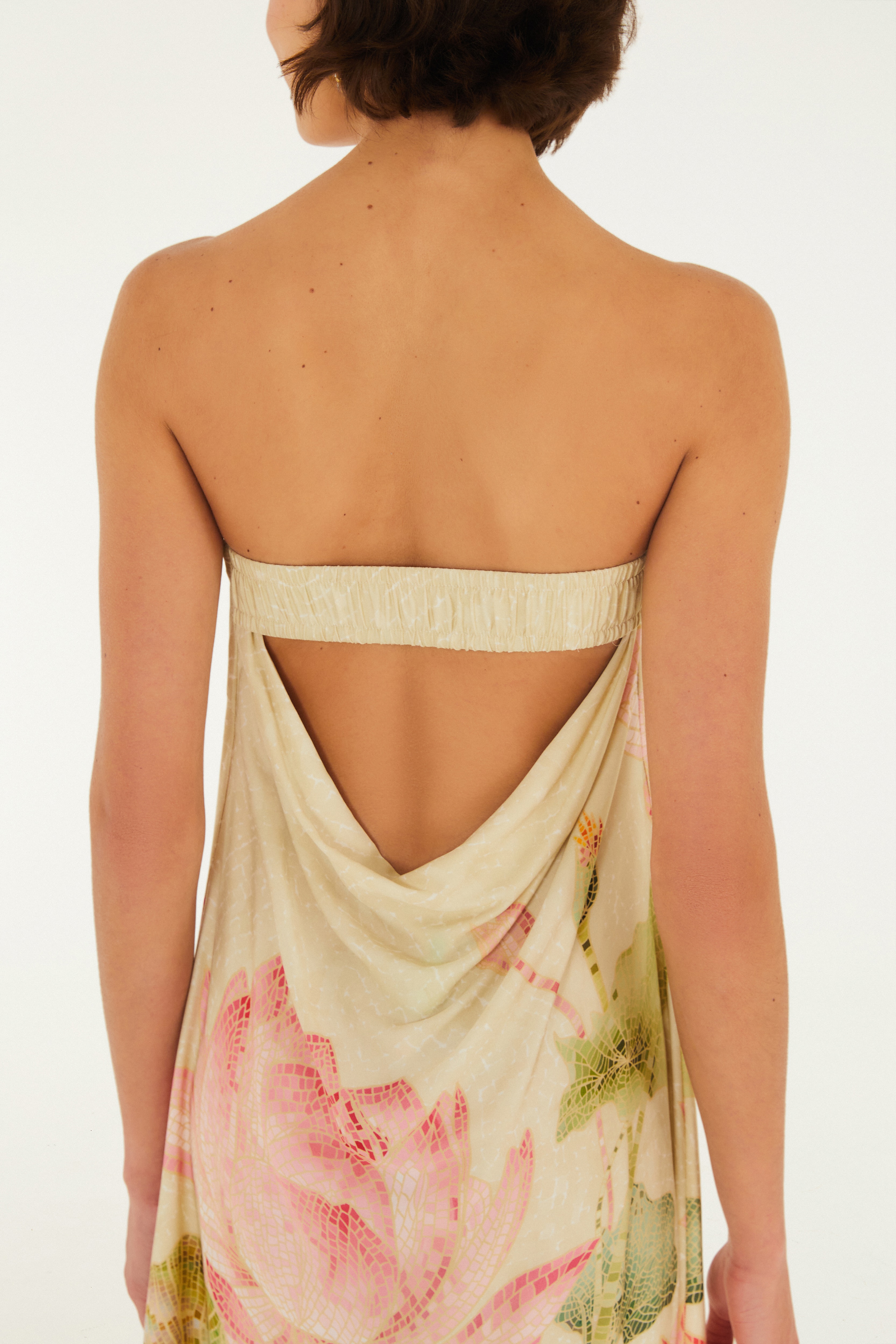 Vestido Longo Sem Alças Estampado Lótus Mosaico