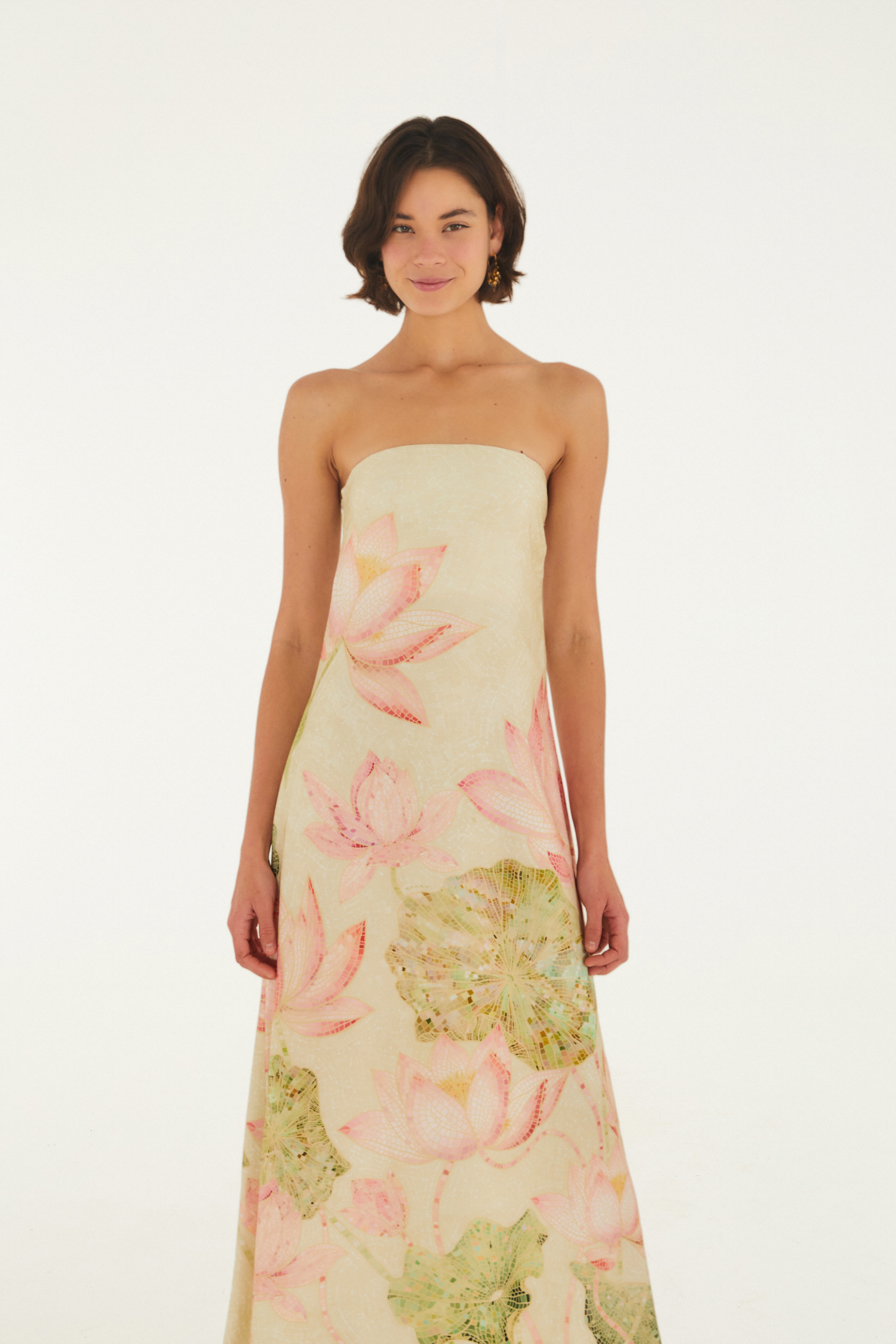 Vestido Longo Sem Alças Estampado Lótus Mosaico