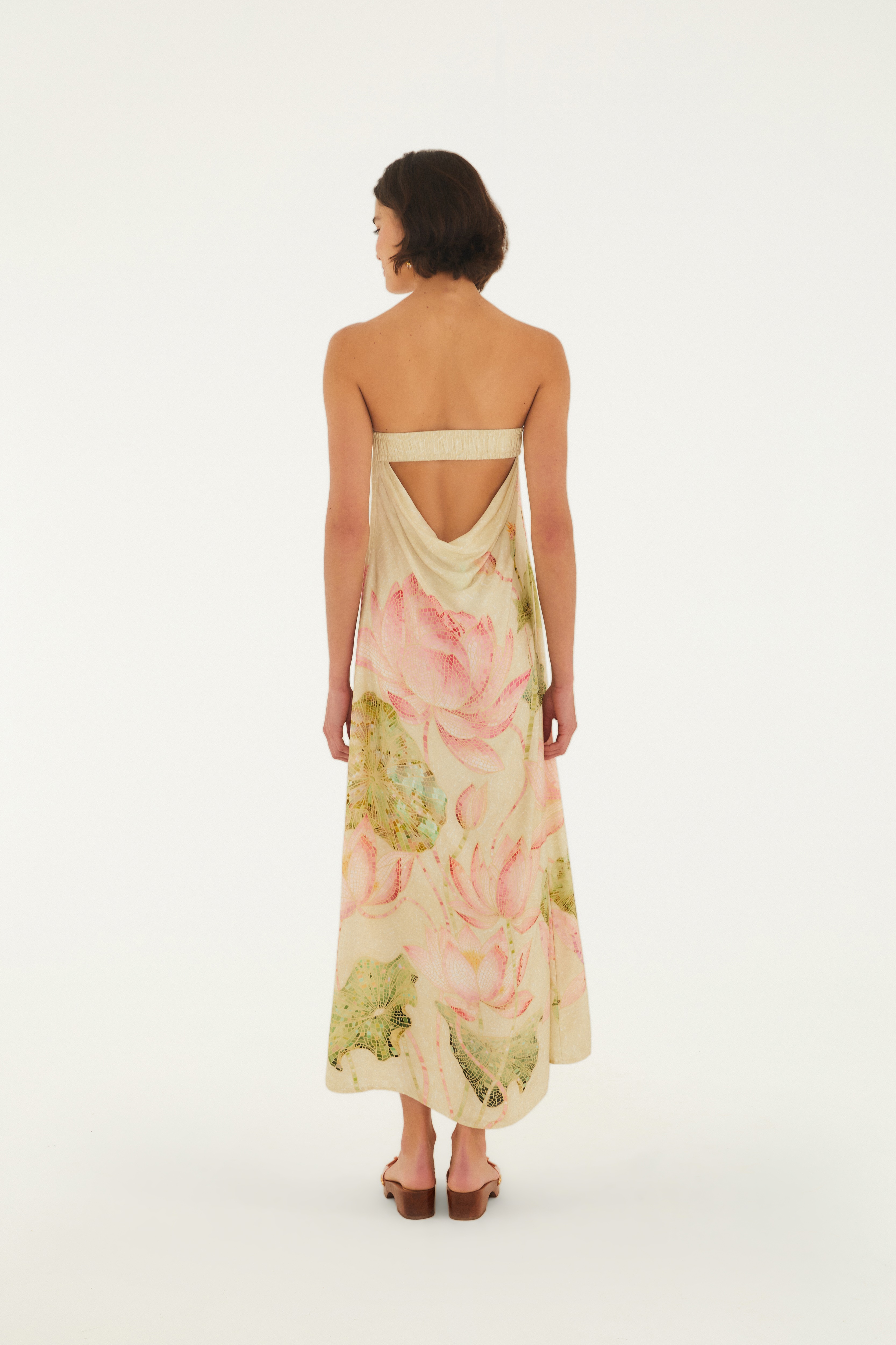 Vestido Longo Sem Alças Estampado Lótus Mosaico