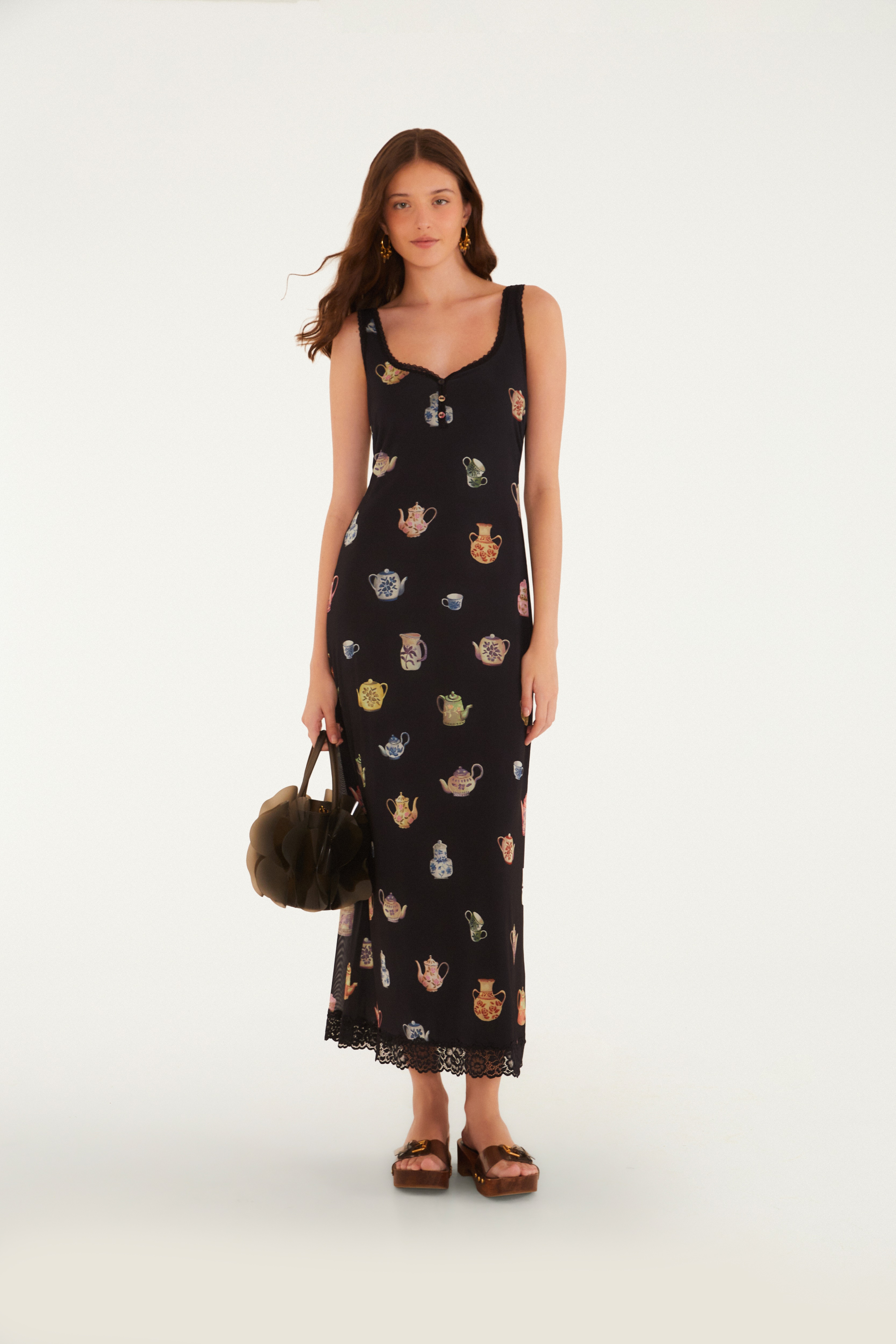 Vestido Tule Midi Estampado Bules De Flor
