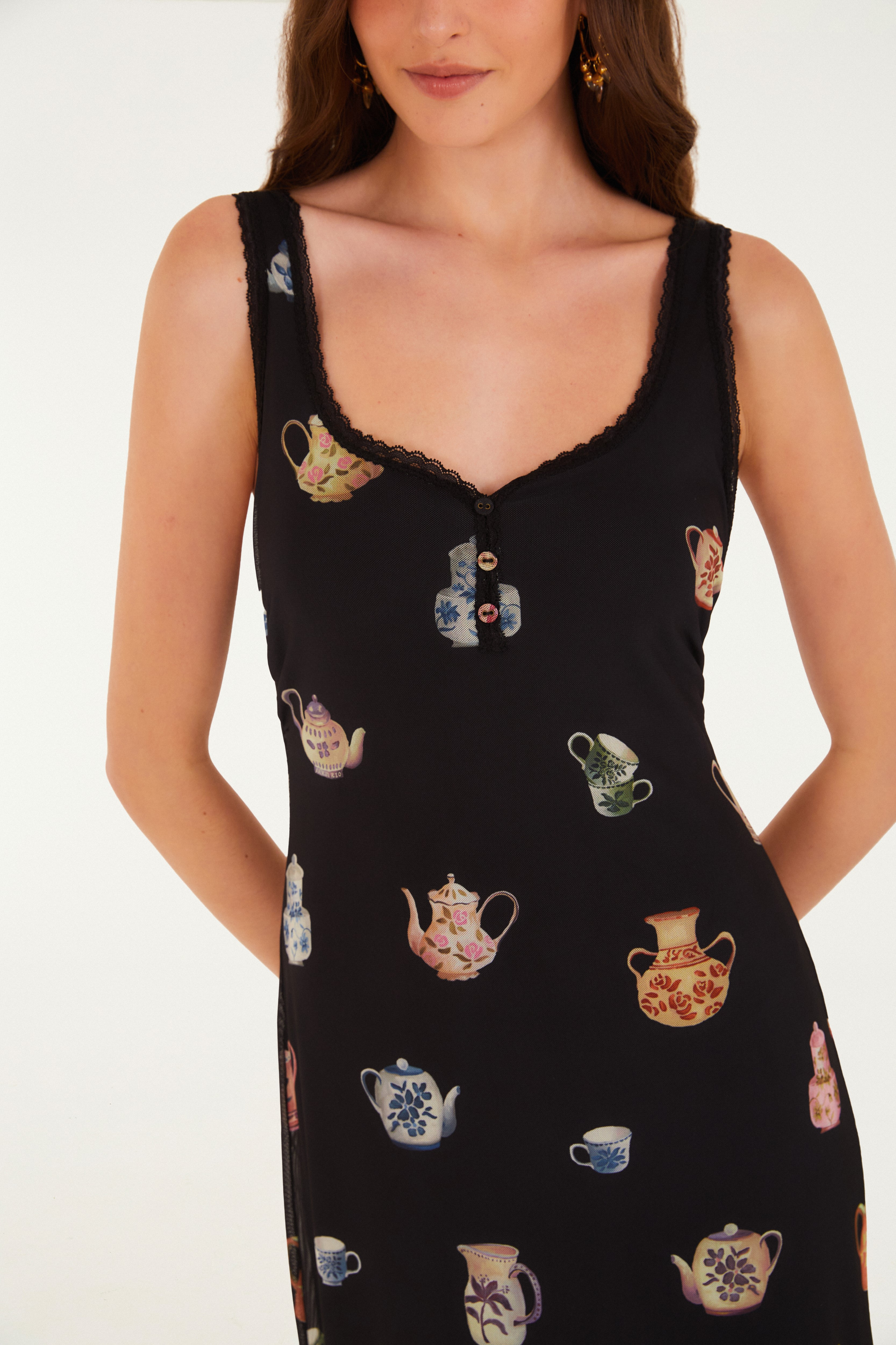 Vestido Tule Midi Estampado Bules De Flor