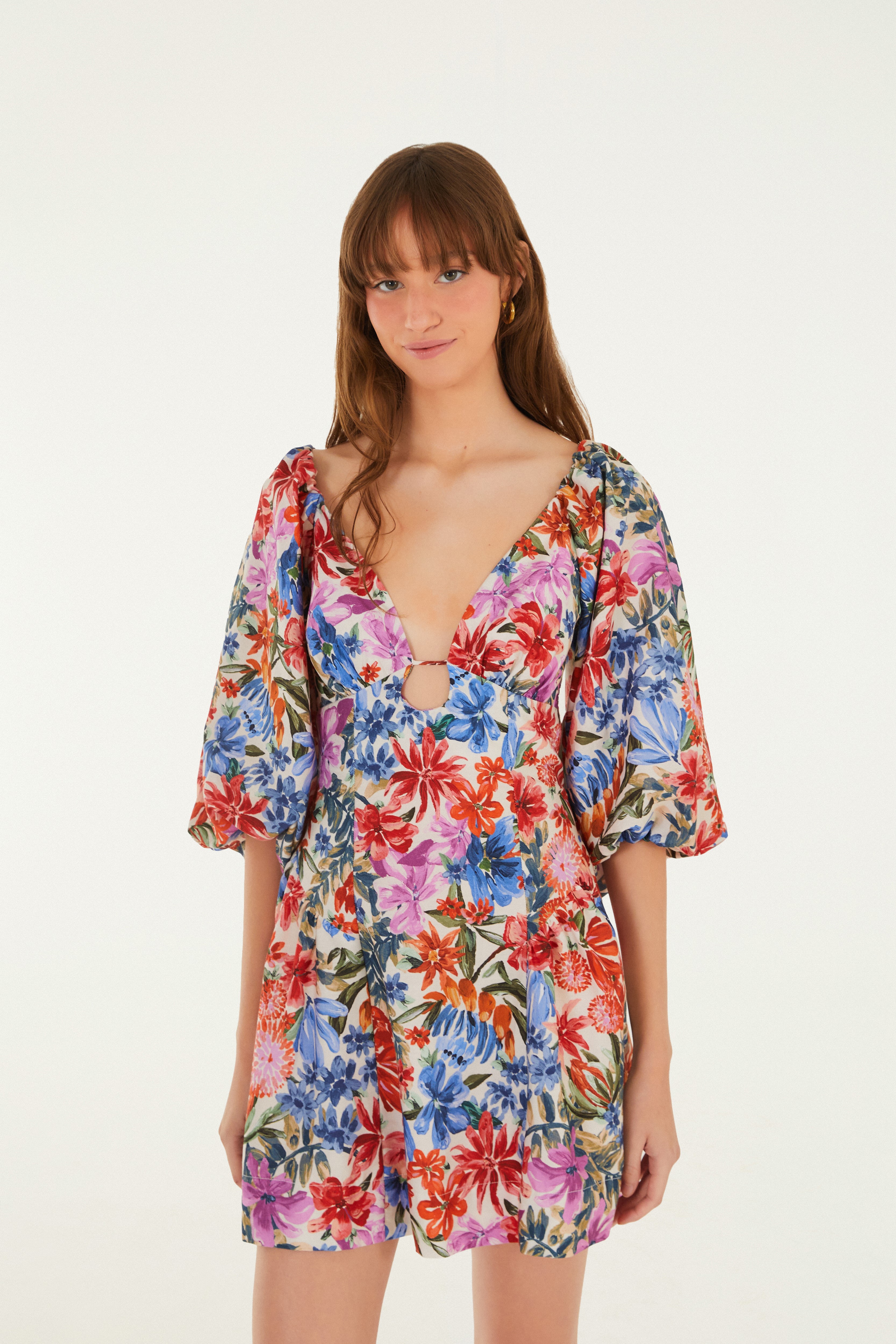 Vestido Curto Manga Estampado Florabela