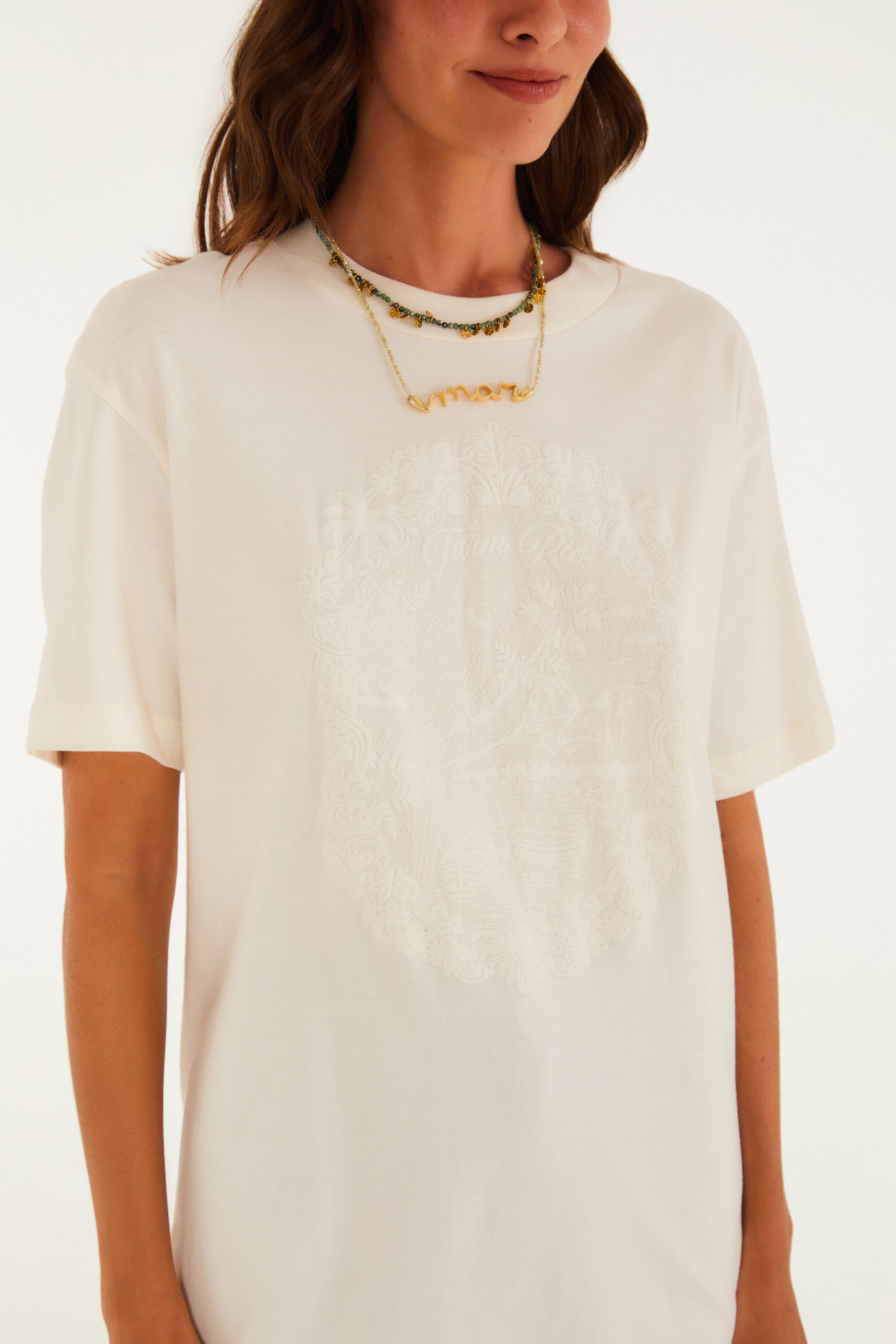 T-Shirt Media Rio De Renda Bege