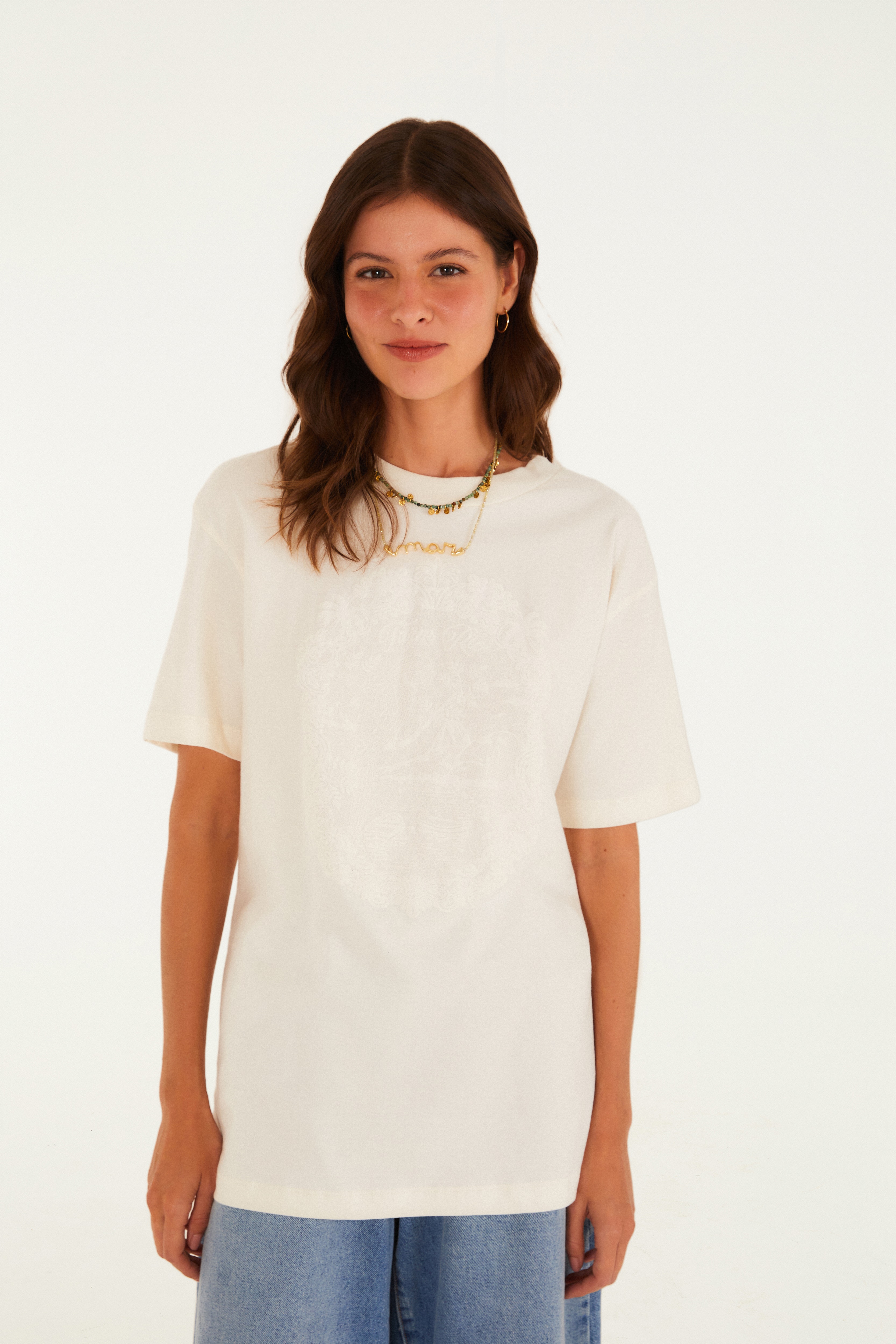 T-Shirt Media Rio De Renda Bege