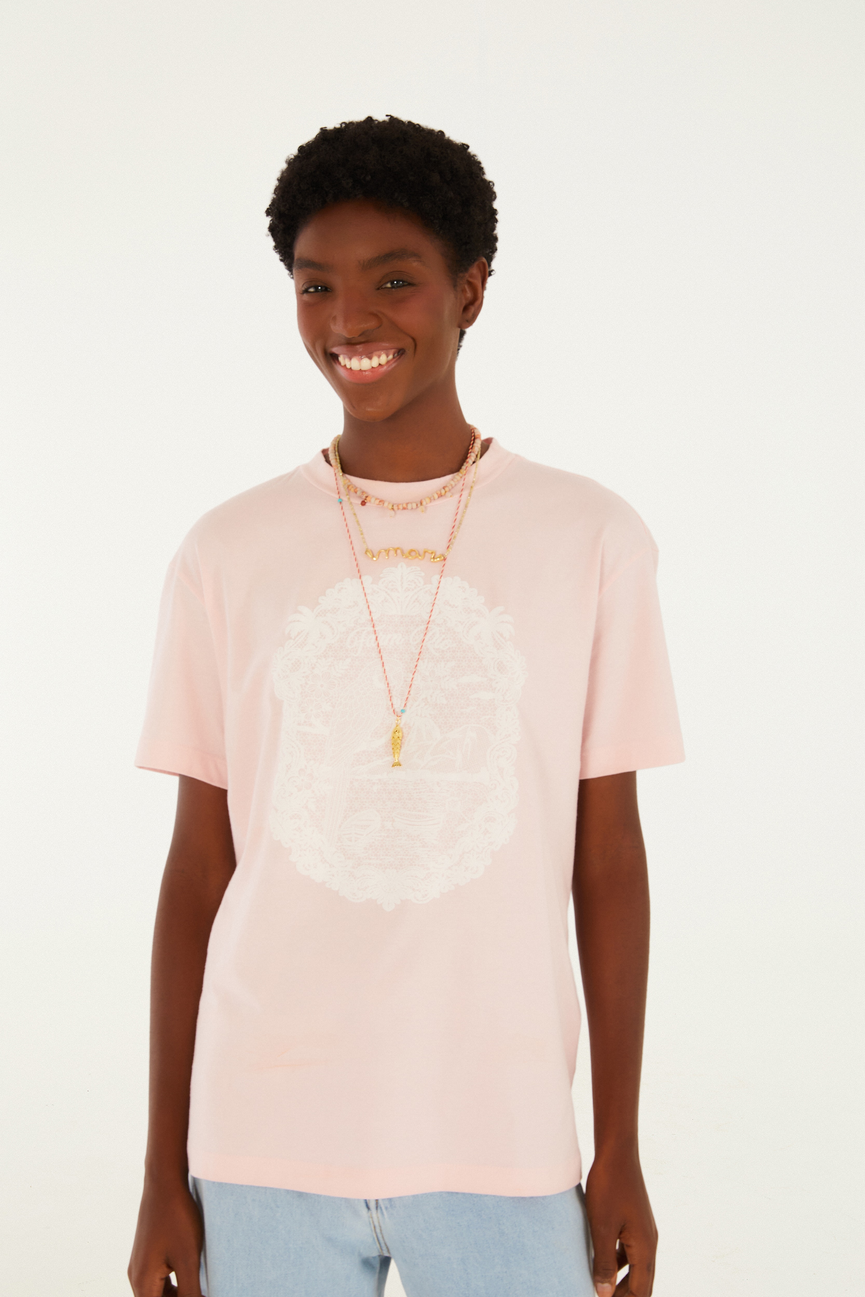 T-Shirt Media Rio De Renda Rosa