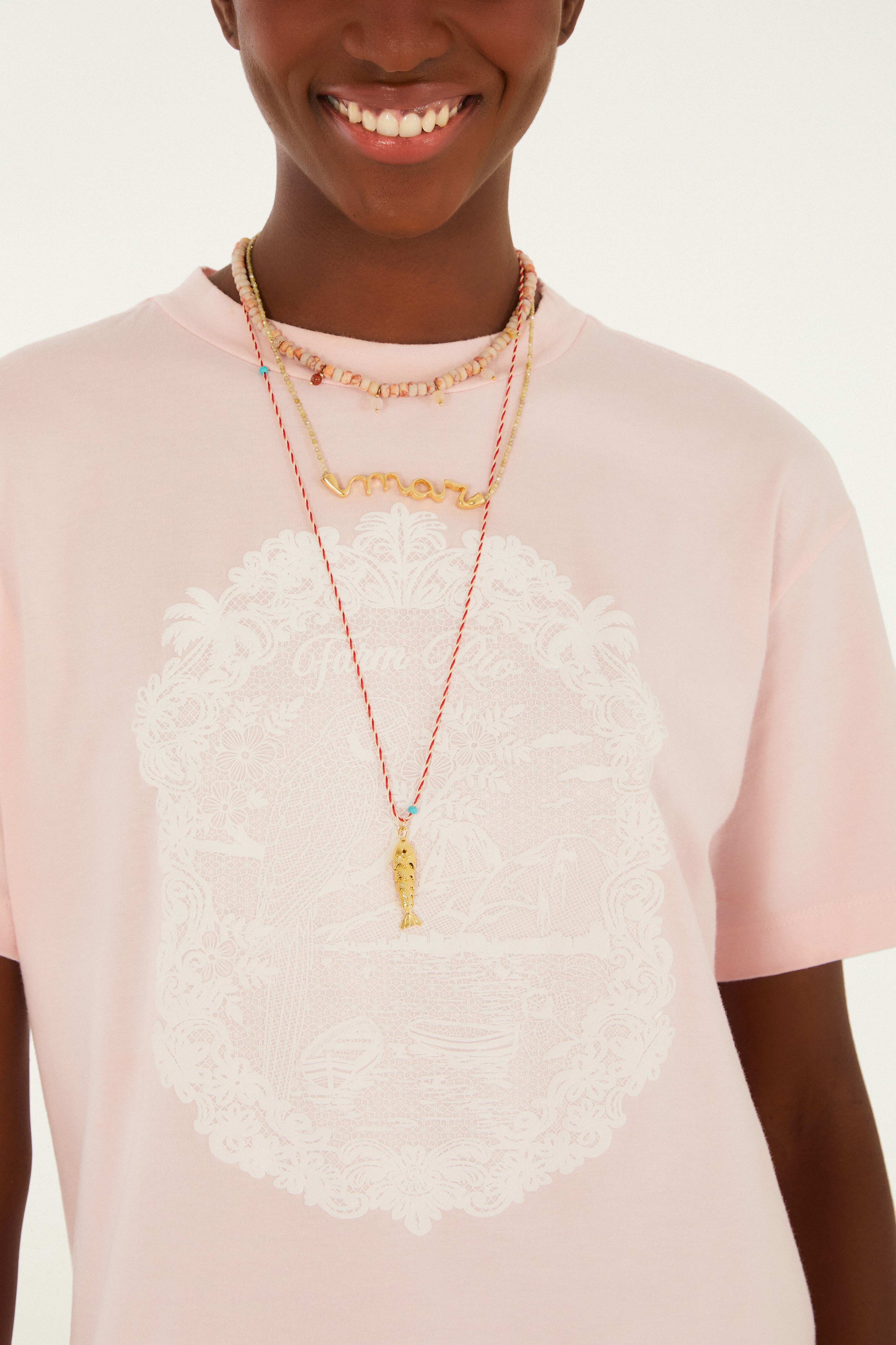T-Shirt Media Rio De Renda Rosa