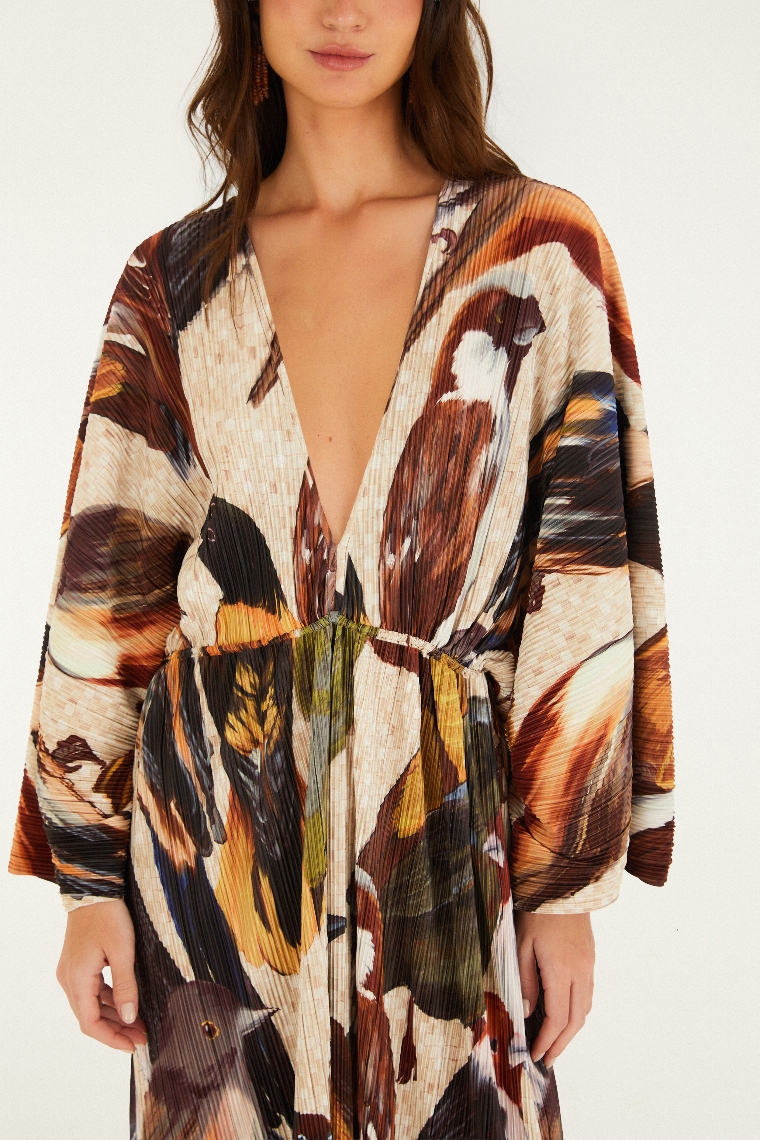 Vestido Plissado Estampado Pássaros
