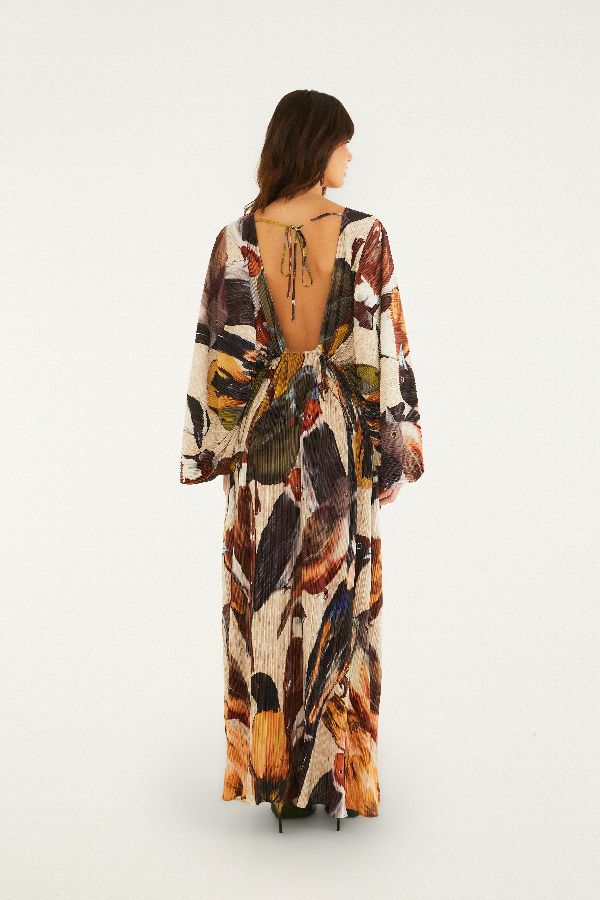 Vestido Plissado Estampado Pássaros
